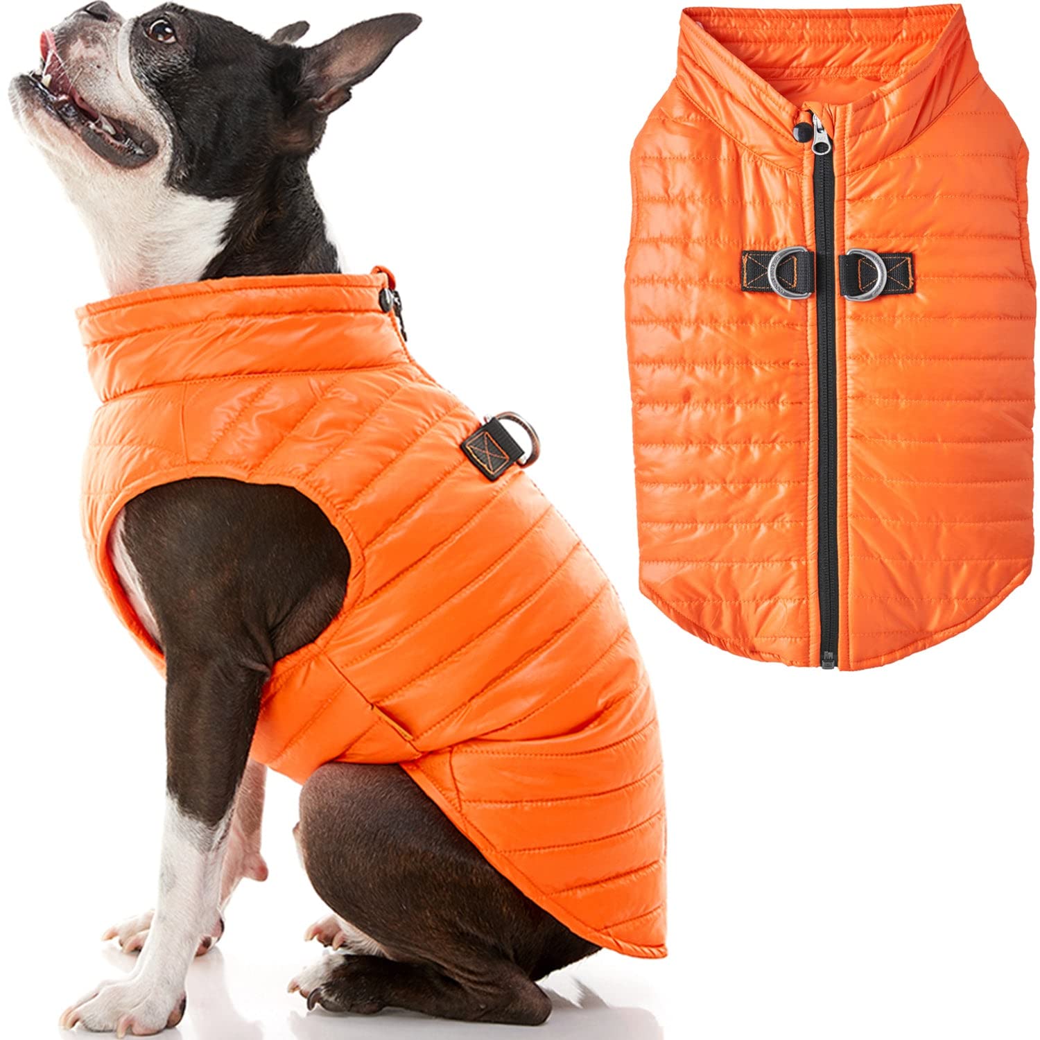 Gooby Puffer Vest Dog Jacket - Orange, Large - Ultra Thin Zip Up Wind Breaker With Dual D Ring Leash - Water Resistant Small Dog