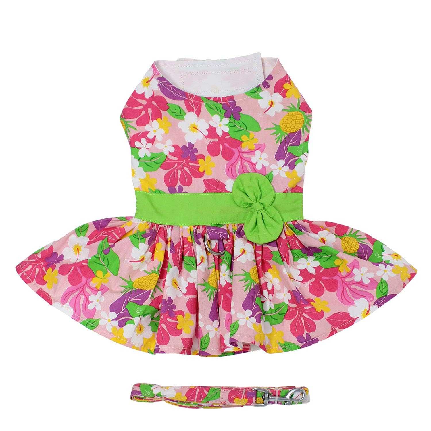 Doggie Design Pink Hawaiian Floral Dog Harness Dress With Matching Leash (Medium)