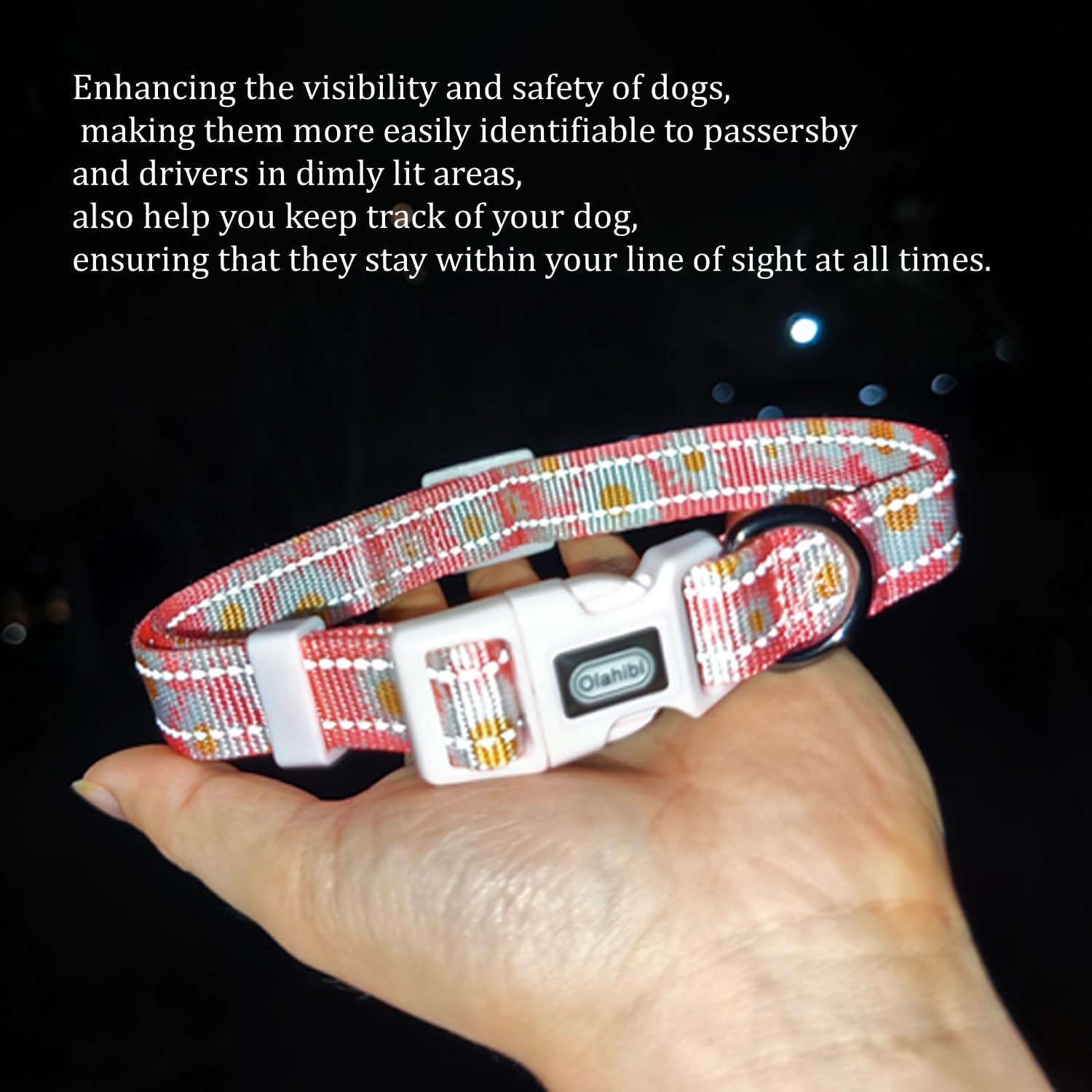 Olahibi Floral Pattern Dog Collar, Pretty Daisy Print, Durable Nylon With Reflective Stripes, Adjustable Length, For Puppy Dogs.