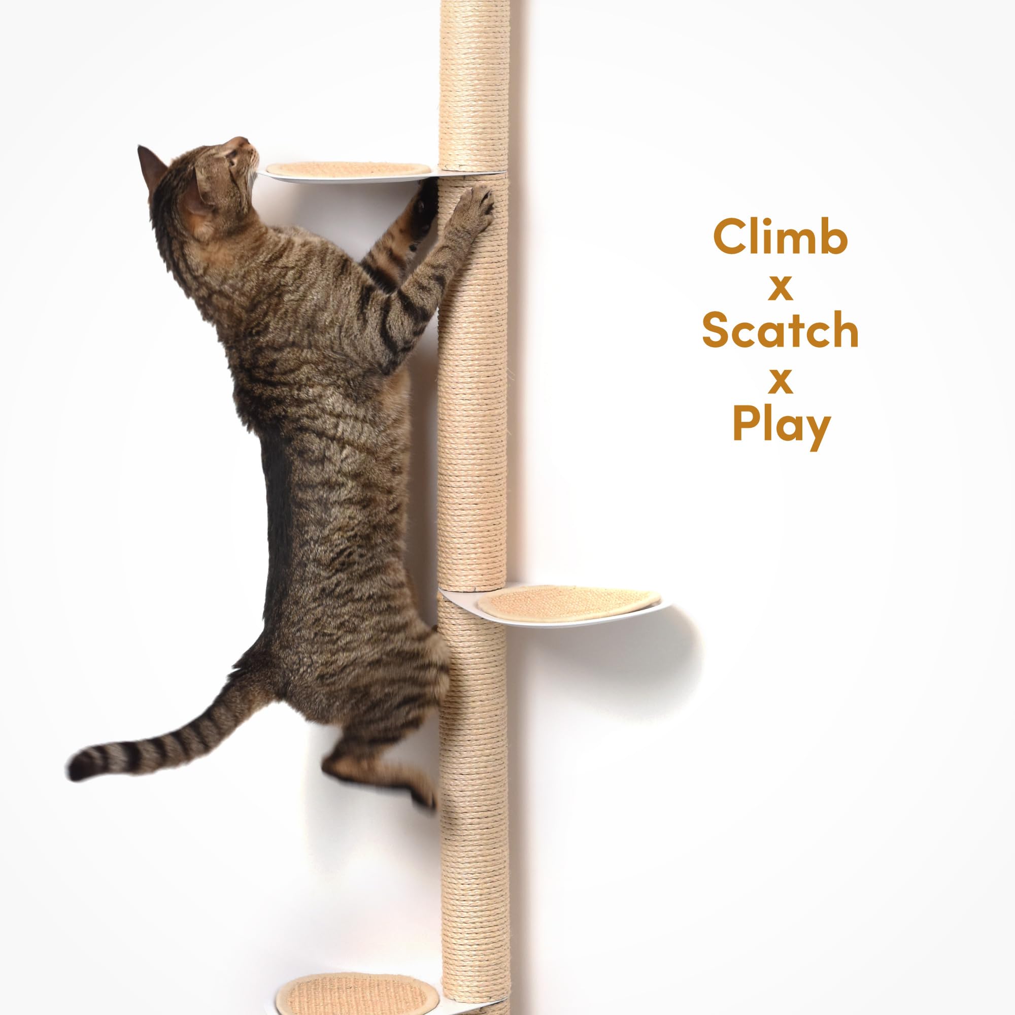 xympo 68" Tall Wall-Mounted Cat Tree, Natural Sisal, Alloy Steel Steps, Space-Saving Cat Shelf, Model PCP03-68N