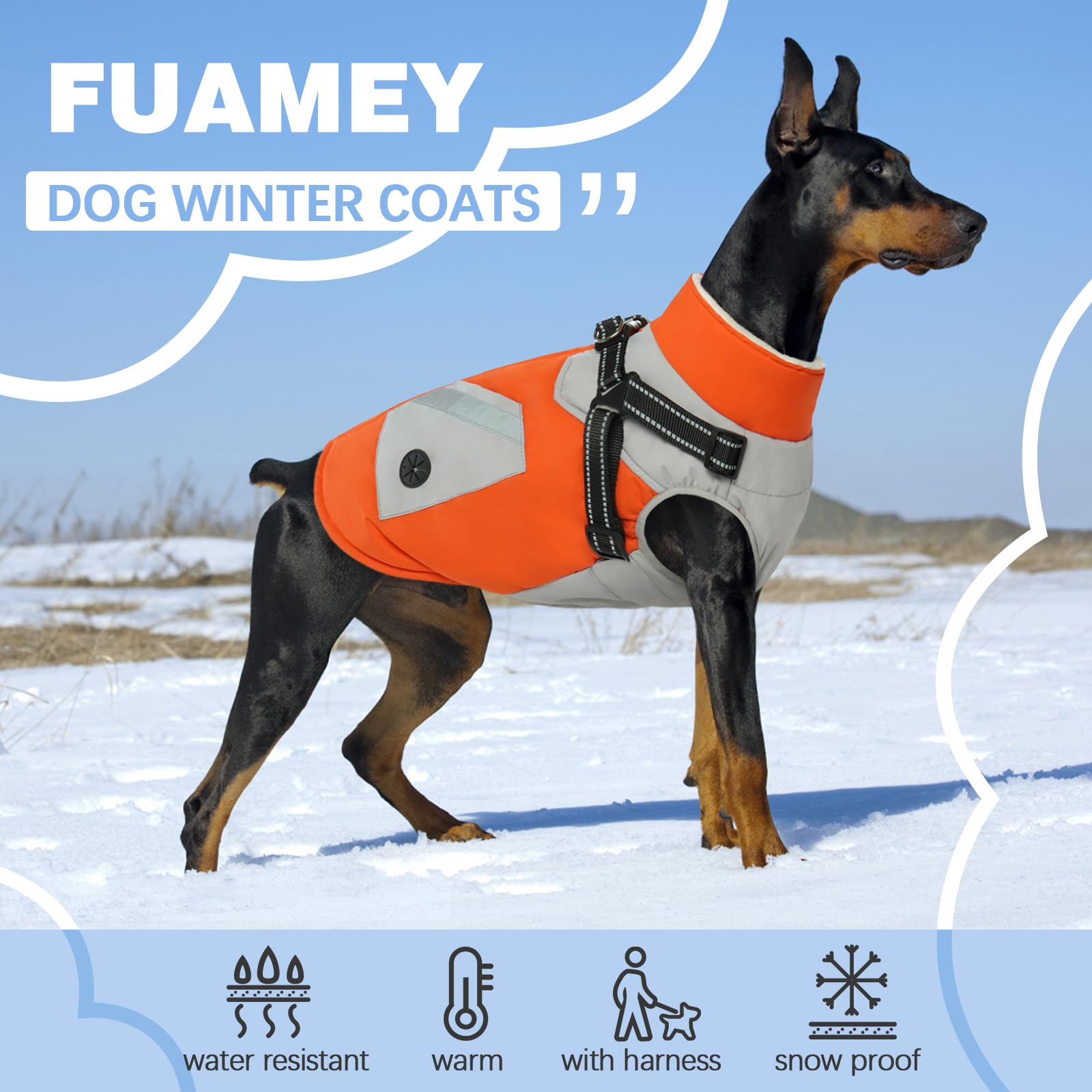 Fuamey Dog Jacket - Waterproof & Reflective Winter Coat With Built-In Harness & Zipper - Medium Orange With Poop Bag Pockets