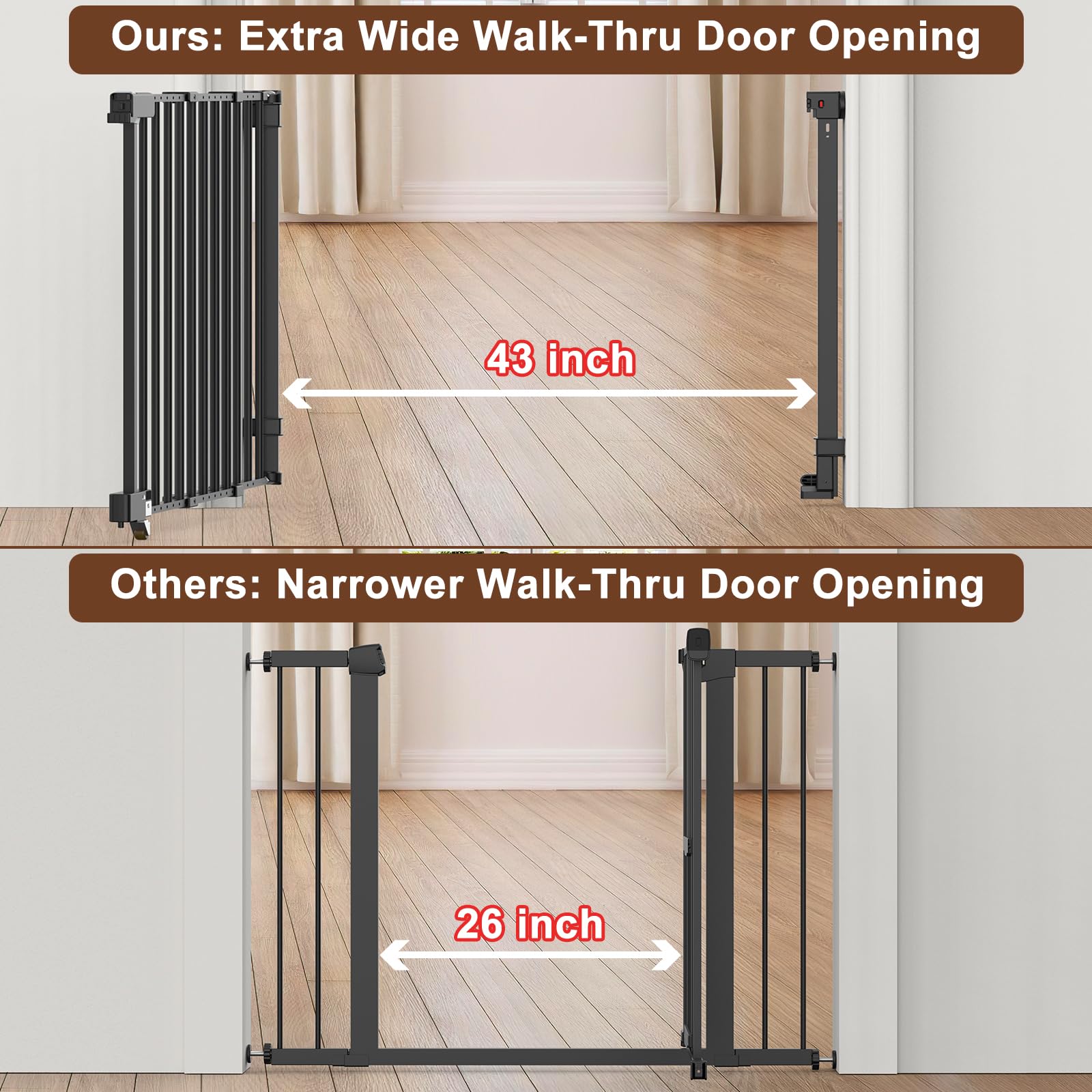 FURTIME 29-43.3 '' Sliding Baby/Dog Gate, No Bottom Bar Baby Gate for Doorways, Extra-Wide Walk Thru Door with Bottom Rubber Whe