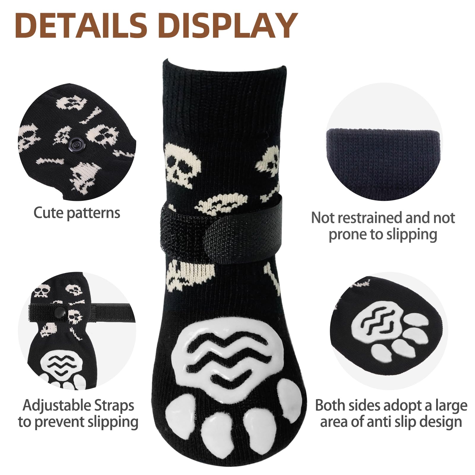 Pupteck Double Sides Anti-Slip Dog Socks Halloween Costumes, 3 Pairs Soft Paw Protector With Adjustable Straps, Strong Traction Control For Indoor Hardwood Floors