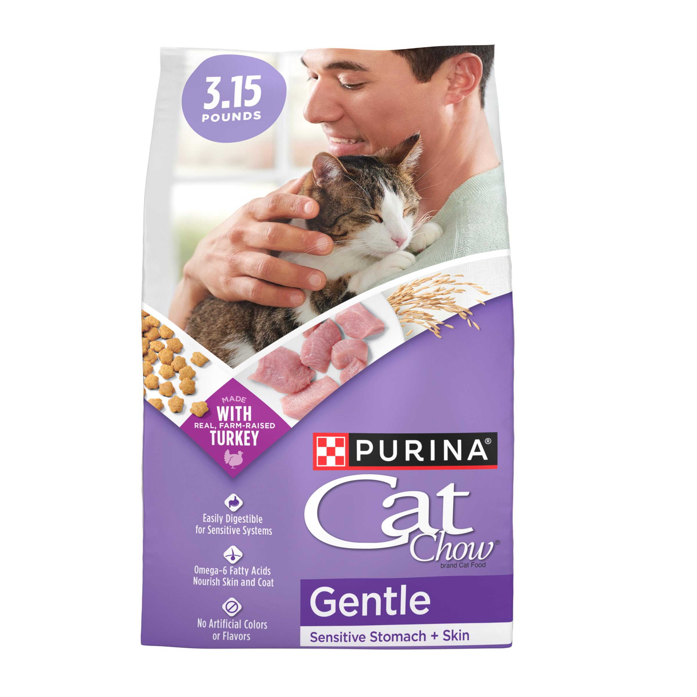 Purina Cat Chow Gentle Dry Cat Food, Sensitive Stomach + Skin - (Pack of 4) 3.15 lb. Bags