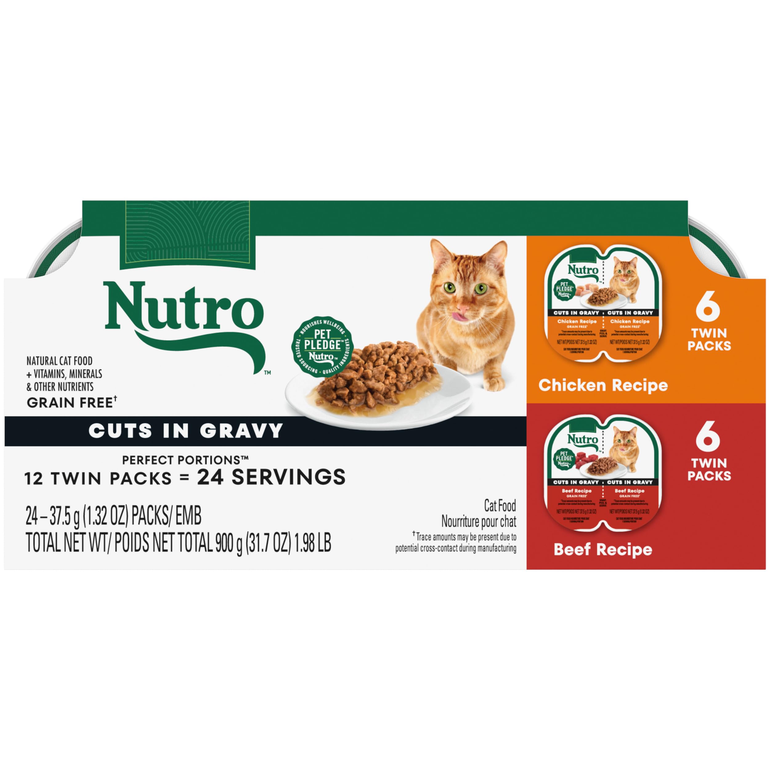 Nutro Perfect Portions Wet Cat Food Cuts in Gravy Multipack: Beef Recipe and Chicken Recipe, 2.64 oz Twin-Pack Trays (12 Count, 