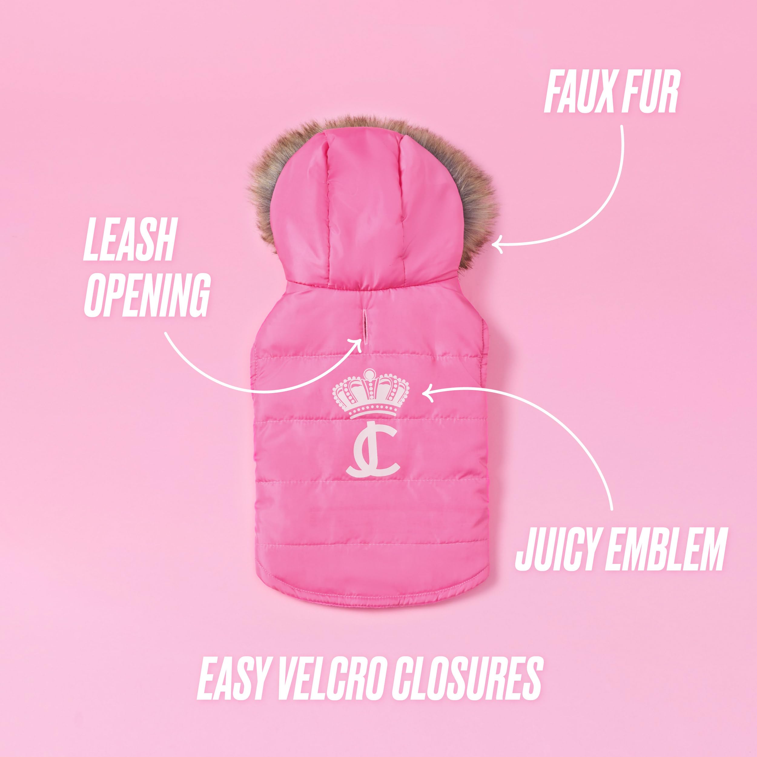 Juicy Couture Faux Fur Hooded Pet Jacket For Dogs And Cats - Hot Pink - Medium/Large