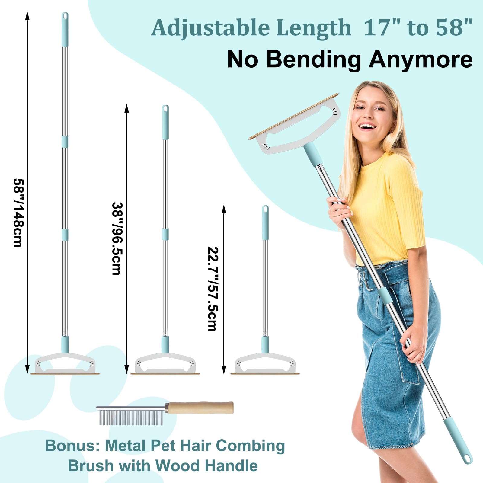 Oaknovila Large Metal Carpet Rake Pet Hair Removal Tool - 58    Handle Thicker Poles 12    Wide Dog Cat Hair Remover- 4 Length A