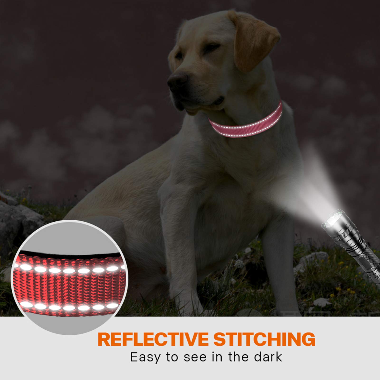 Taglory Reflective Dog Collar With Safety Locking Buckle, Adjustable Nylon Pet Collars For Large Dogs Female Male, Pink, L