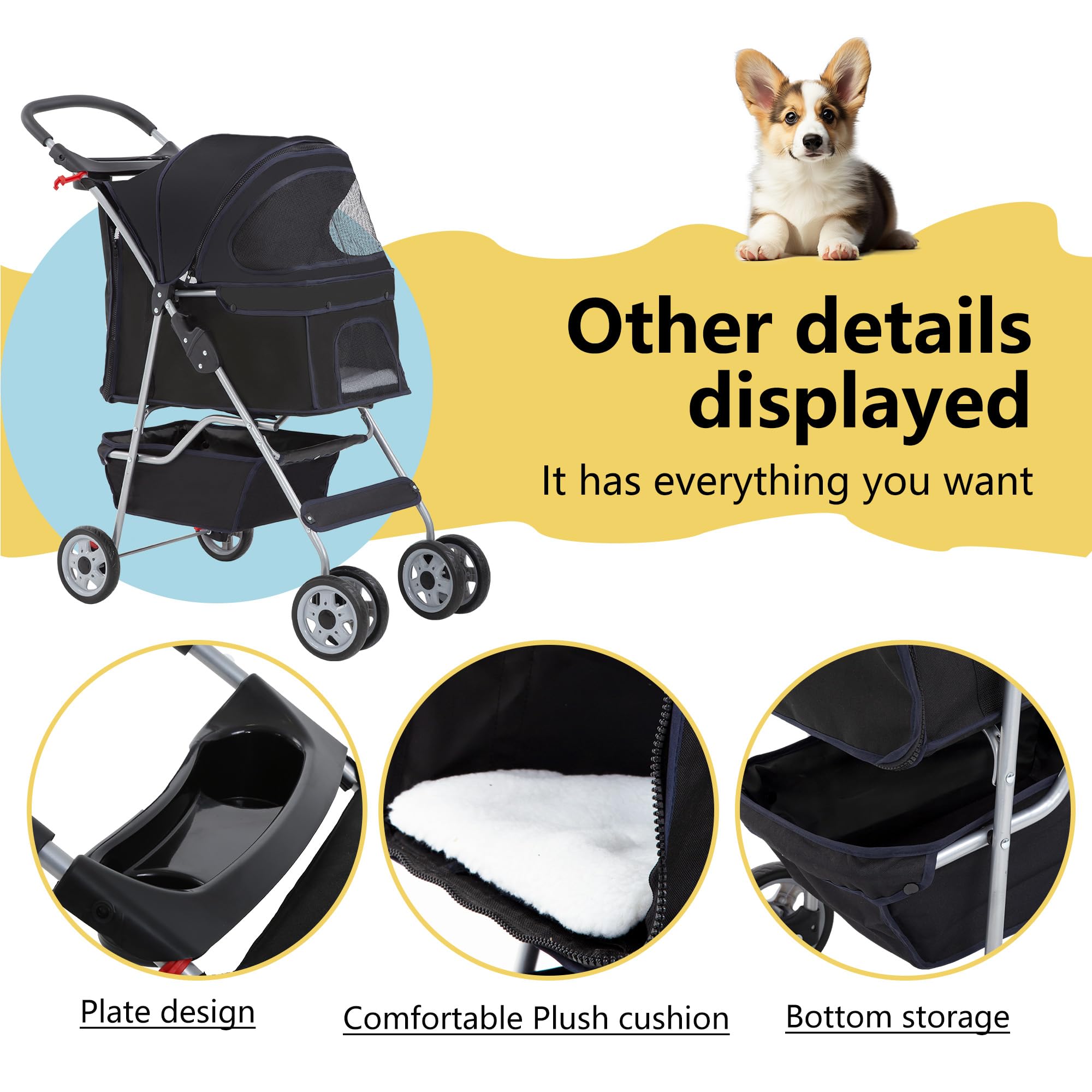 FDW Pet Stroller 4-Wheel Dog Cat Stroller Travel Folding Carrier with Cup Holder and Removable Liner for Small Medium Dogs Cats,