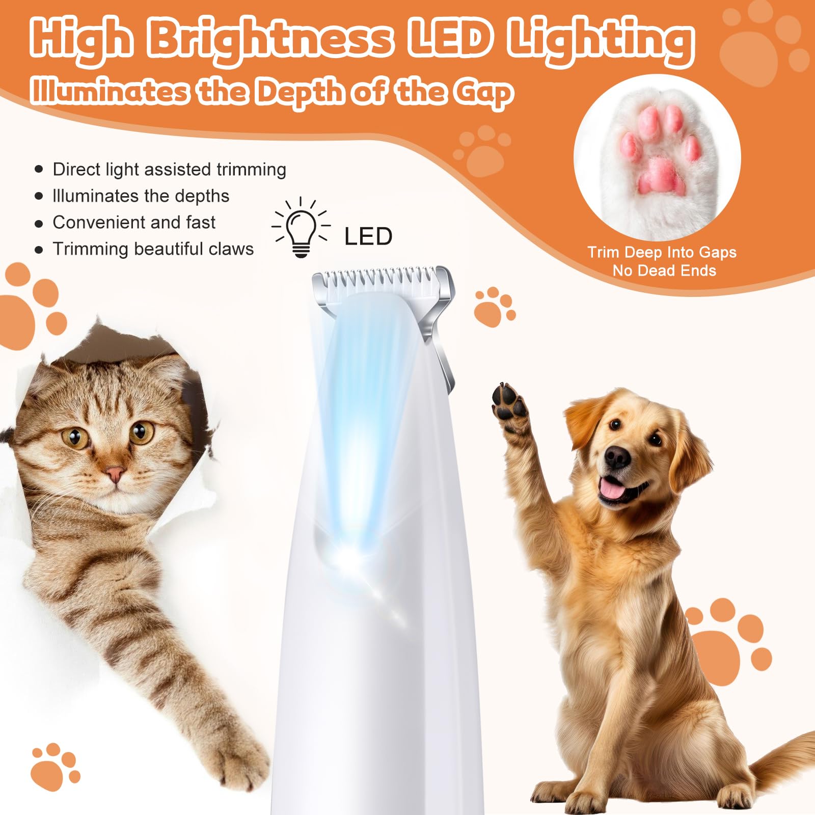 Hvsotv Dog Paw Trimmer With Led Light, 18Mm Widen Blade, 35Db Low Noise, Led Display, Fully Waterproof, Usb Rechargeable Pet Hai
