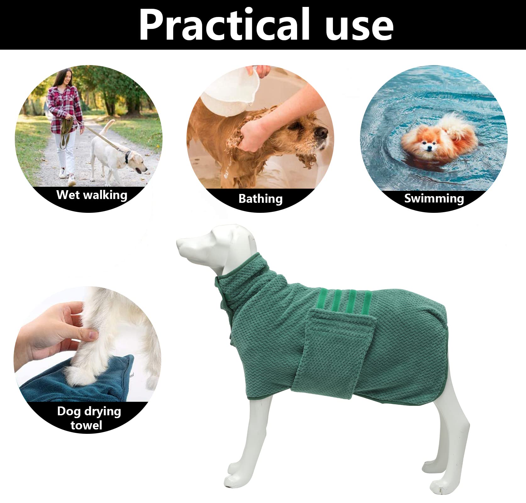 Geyecete Dog Bathrobe Towel Dog Drying Coat-Dry Fast Dog Bag-Pineapple Grid Fast Drying Super Absorbent Pet Dog Cat Bath Robe Towel-Green-Xl