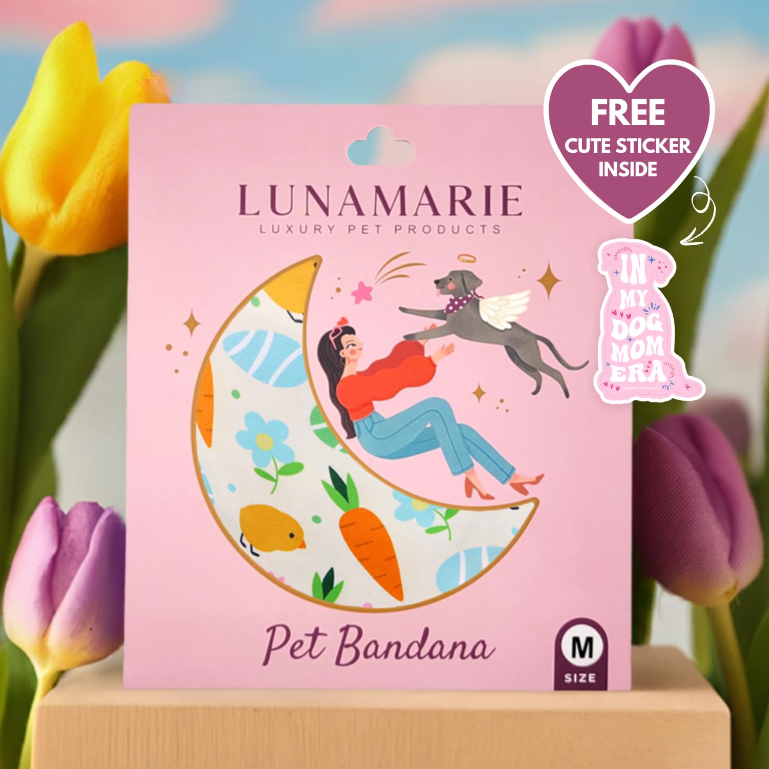Lunamarie - Luxury Pet Birthday Bandanas -Premium & Silky Poly Fabric | 100% Handmade | Custom Shape Dual Layered (Easter Garden