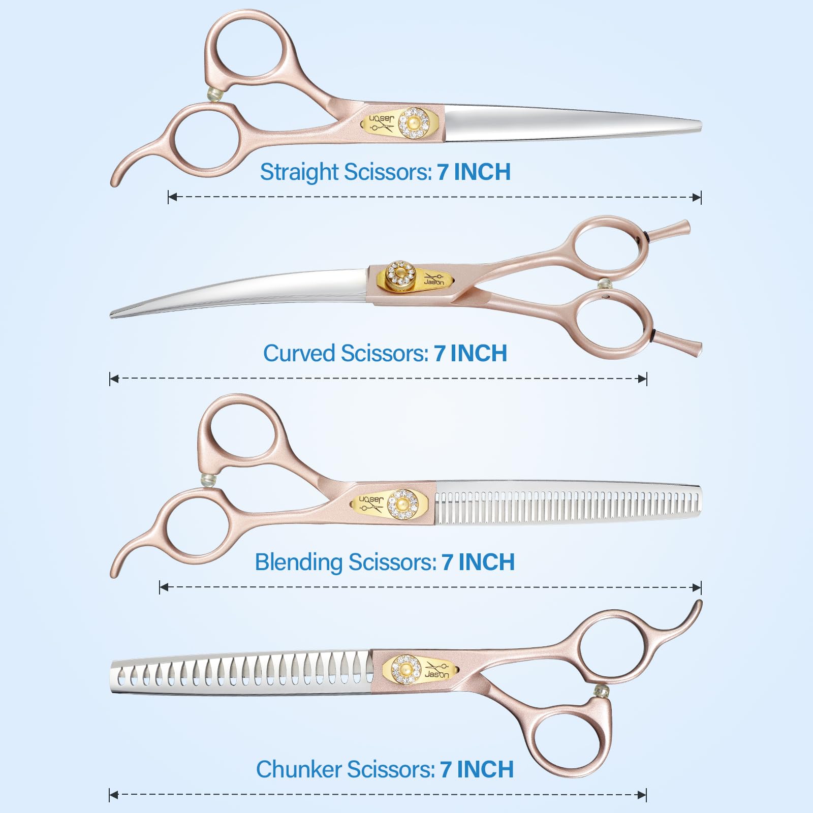 JASON Dog Grooming Scissors Set - 6 in 1 Stainless Steel Shears with 7" Thinning, Chunker, Straight, Curved, Rosegold