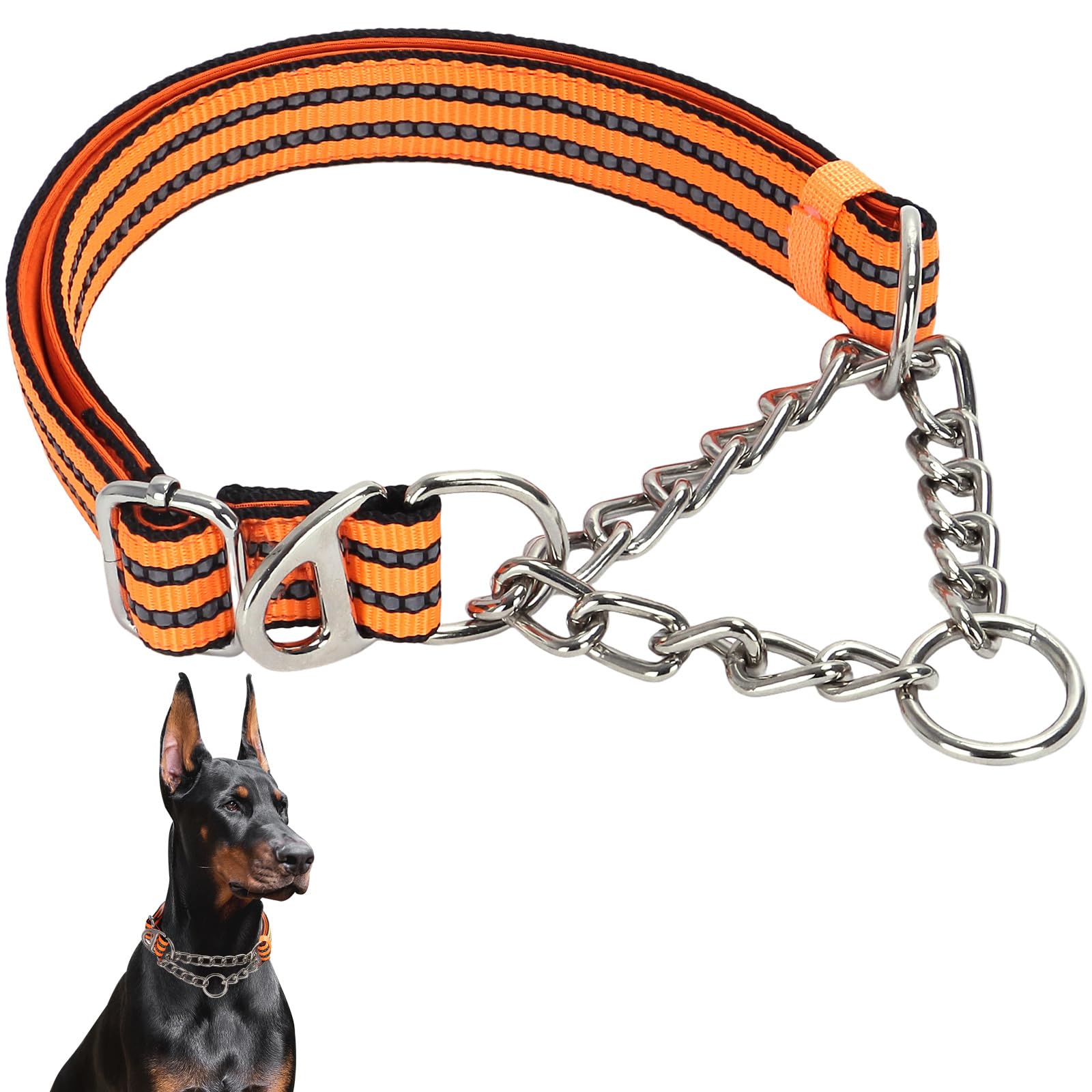 Martingale Collar For Dogs With Soft Padded,Trainer Approved Limited Slip Collar With Steel Chain,Reflective Adjustable Choke Do