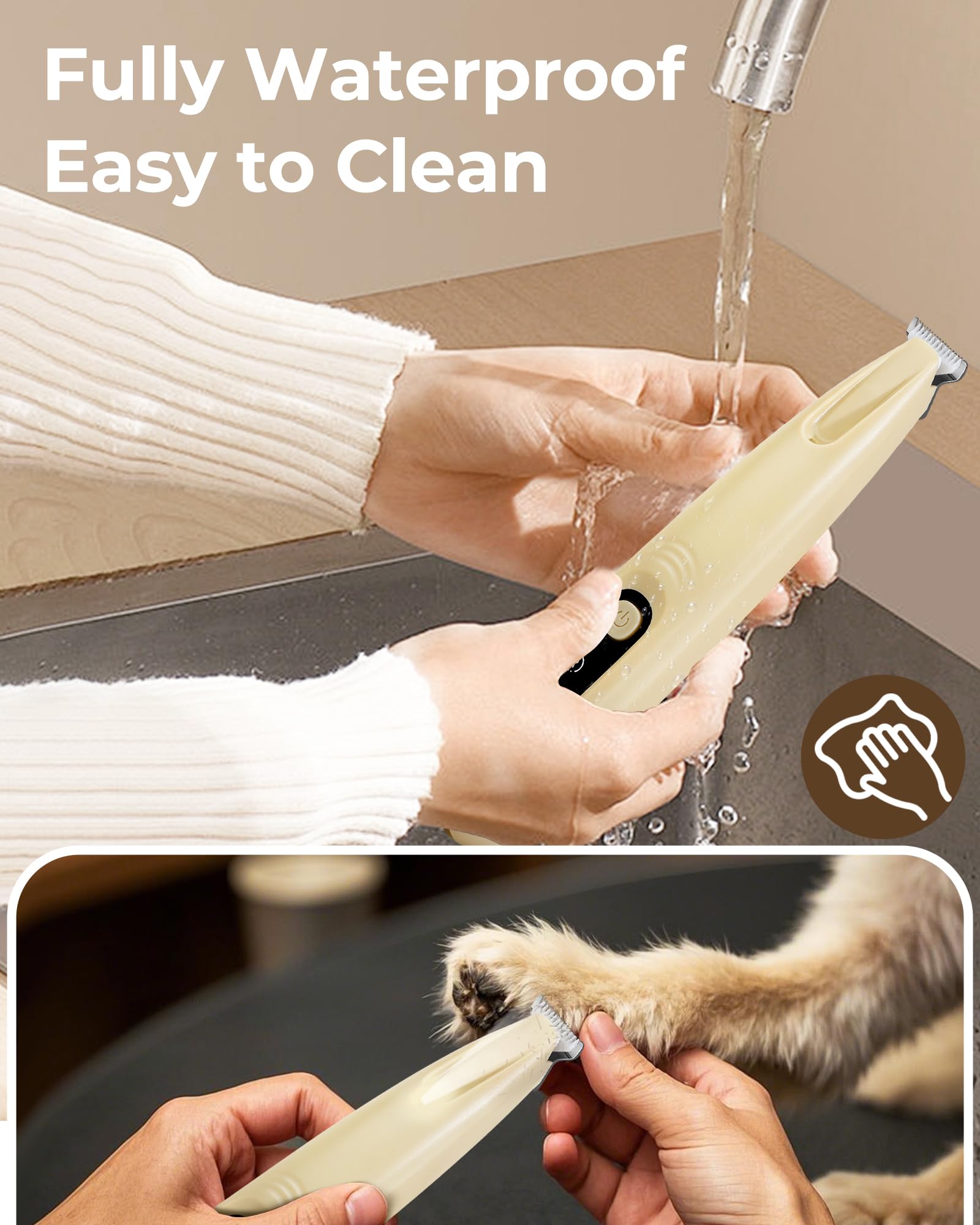 FURBONA Dog Paw Trimmer PT04YE, 18mm Blade, LED Display, Low Noise, Waterproof, Rechargeable, Yellow