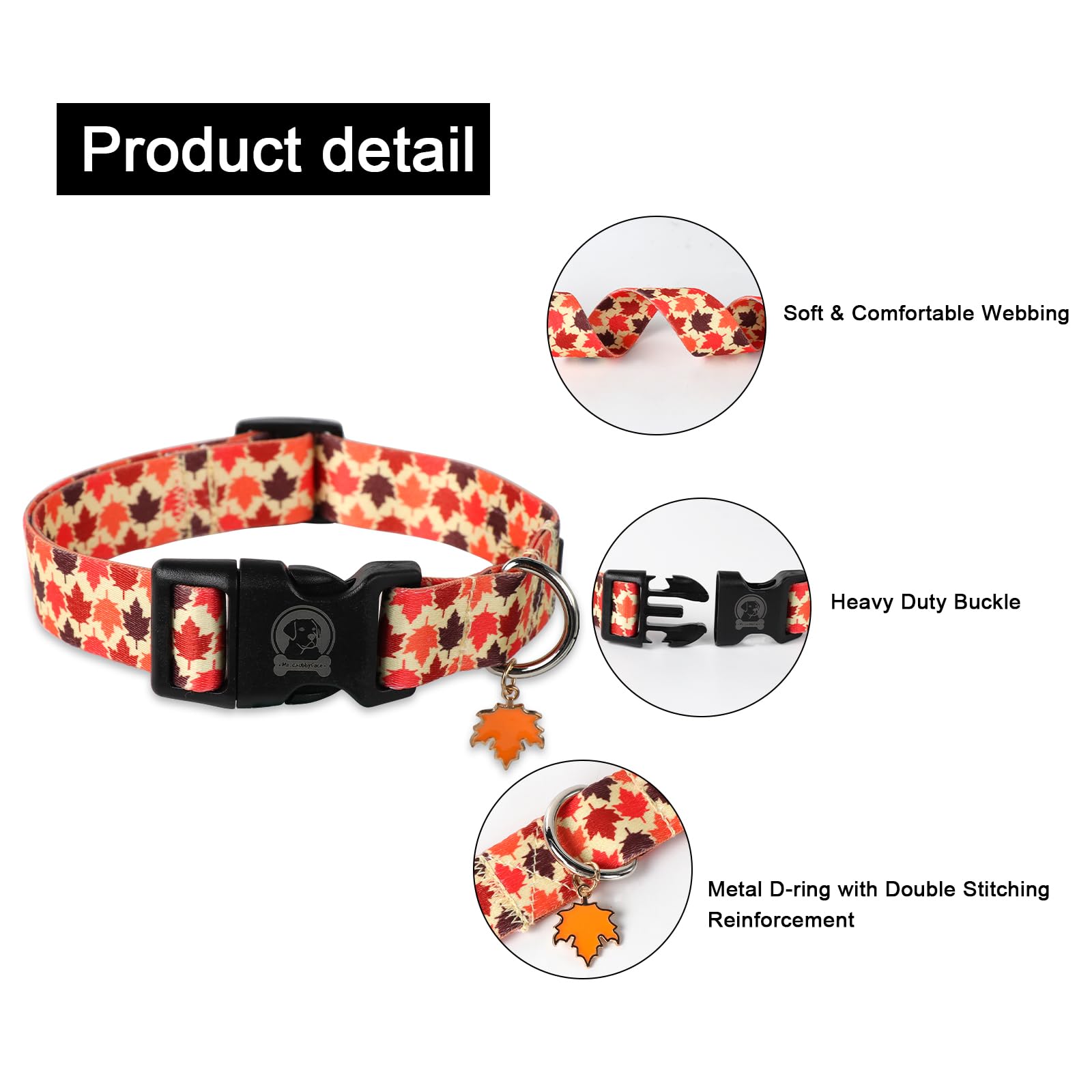 Mr. Chubbyface Fall Dog Collar Adjustable Pet Collar Maple Leaves Collar For Small Medium Large Dogs