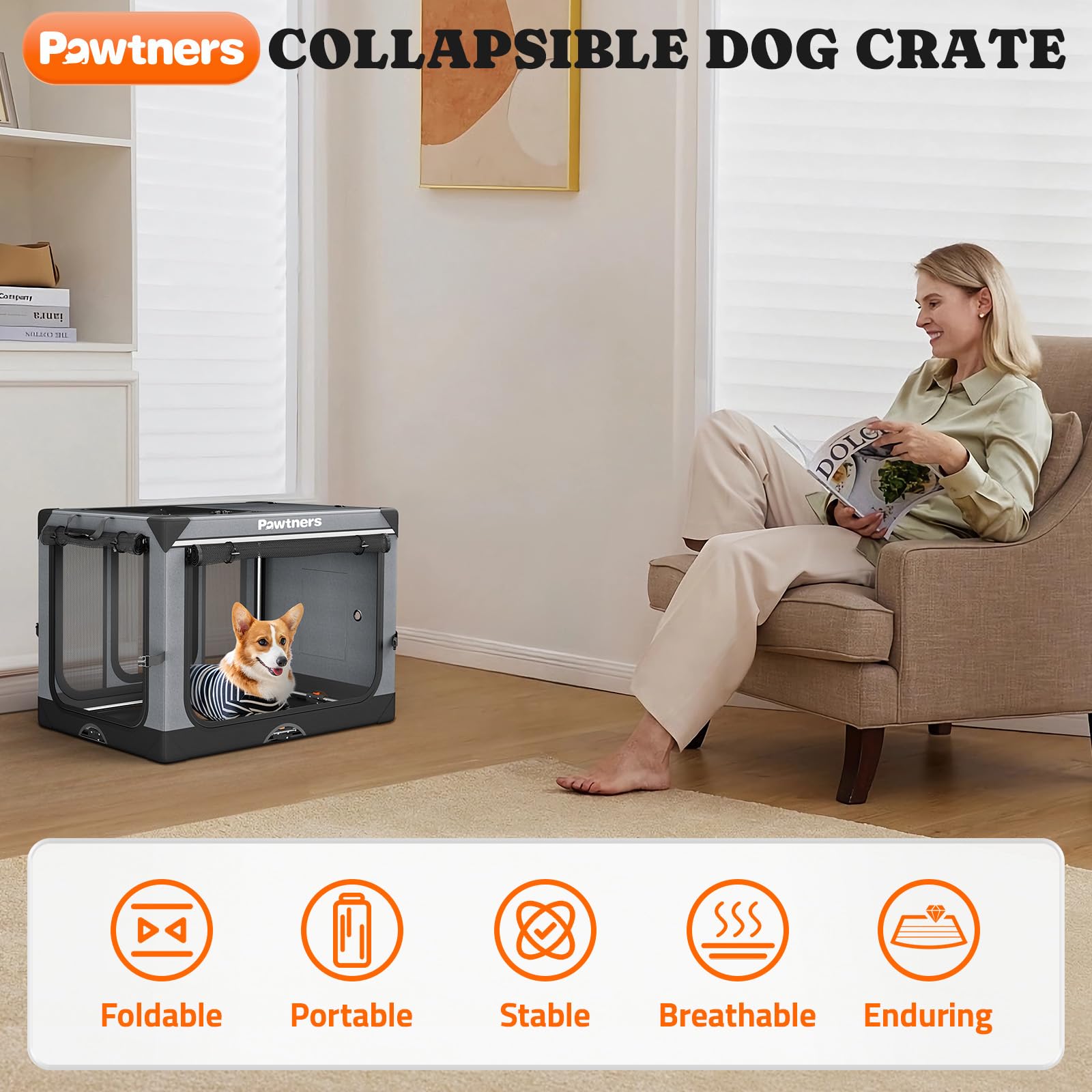 Pawtners Collapsible Dog Crate - Portable Soft-Sided Kennel for Medium Dogs, Grey, 30" L x 21" W x 21" H, Indoor/Outdoor Use