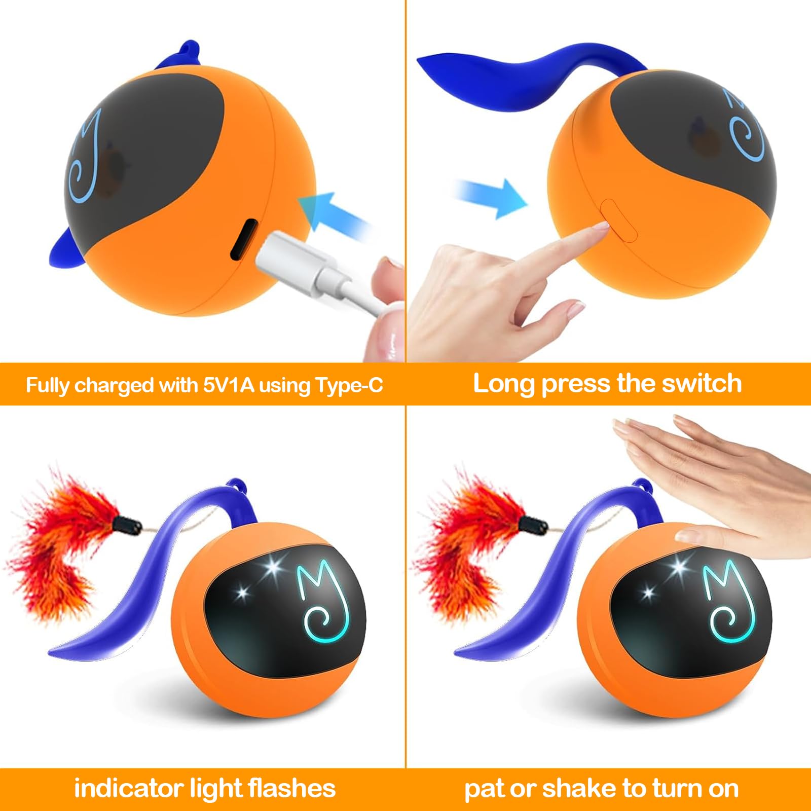 Migipaws Interactive Cat Ball Toy Set - Automatic Rolling Chase Ball, Rechargeable, Orange, Model MP-Orange-001