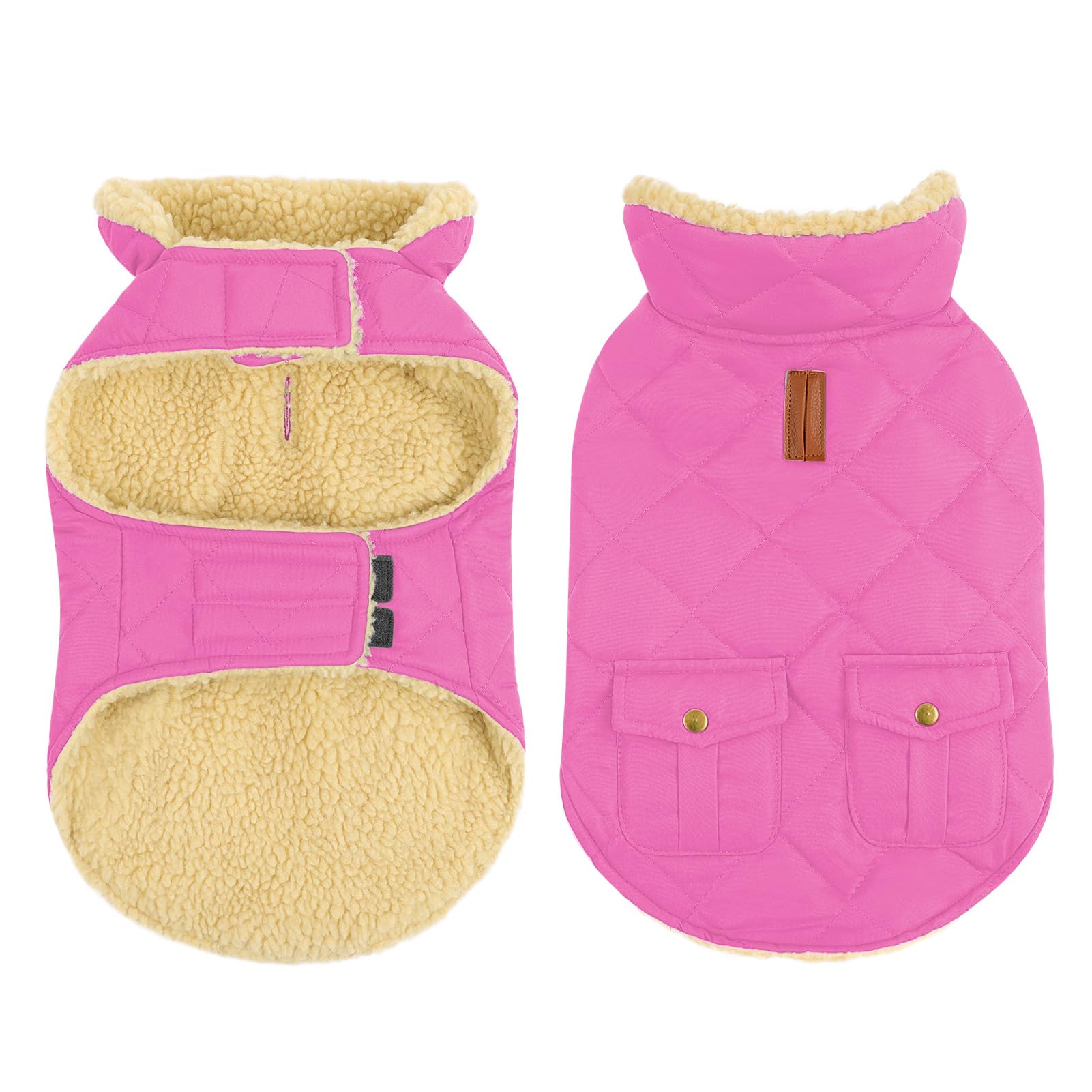 Queenmore Dog Winter Coat - Fleece Jacket, Waterproof Cold Weather Clothes, Thick Warm Cotton Padding, Easy On Storage Pockets (