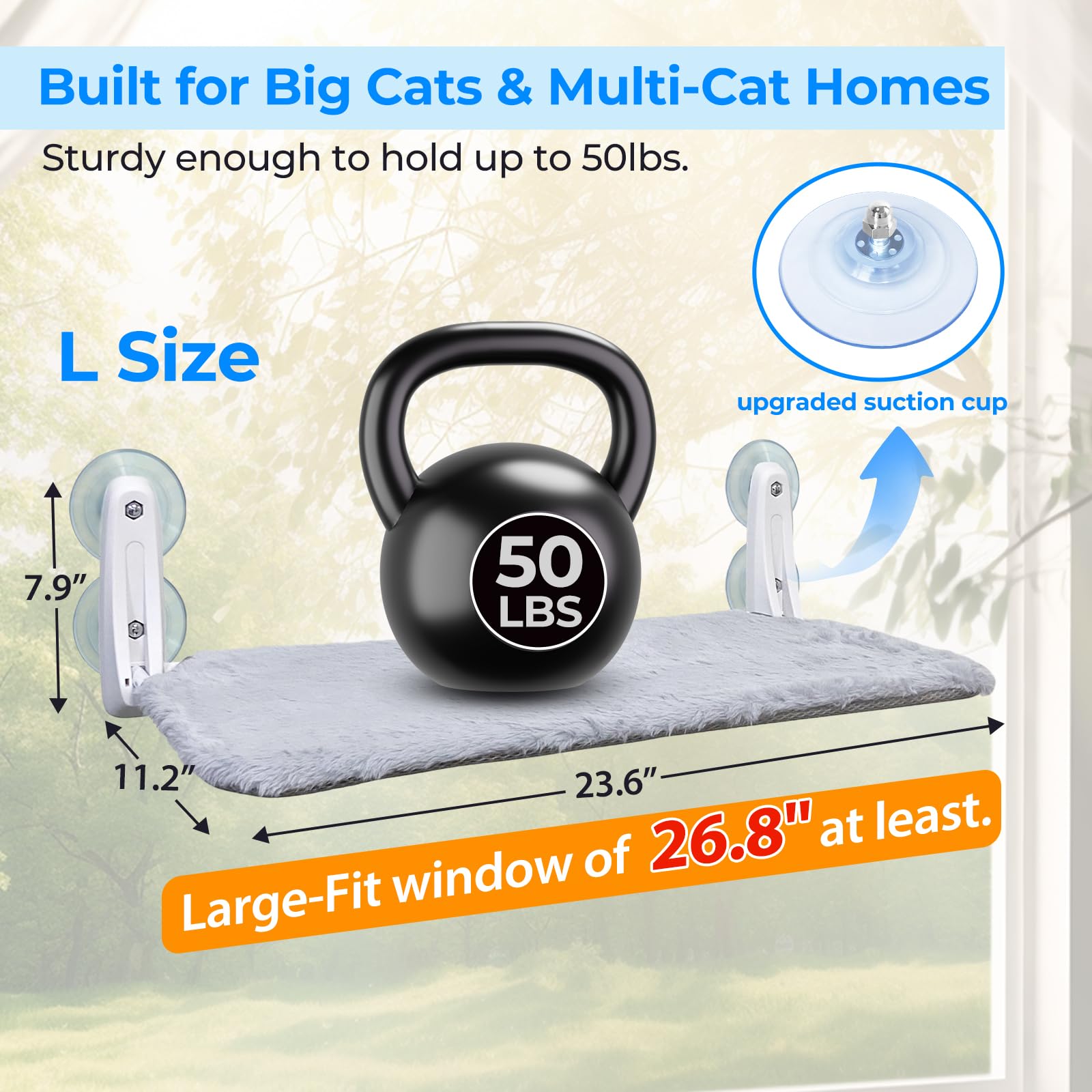 L&W BROS. 2 Pc Heavy Duty Cat Window Perch, Foldable Hammock, 50 lbs Capacity, Large, Gray and White, Model L02