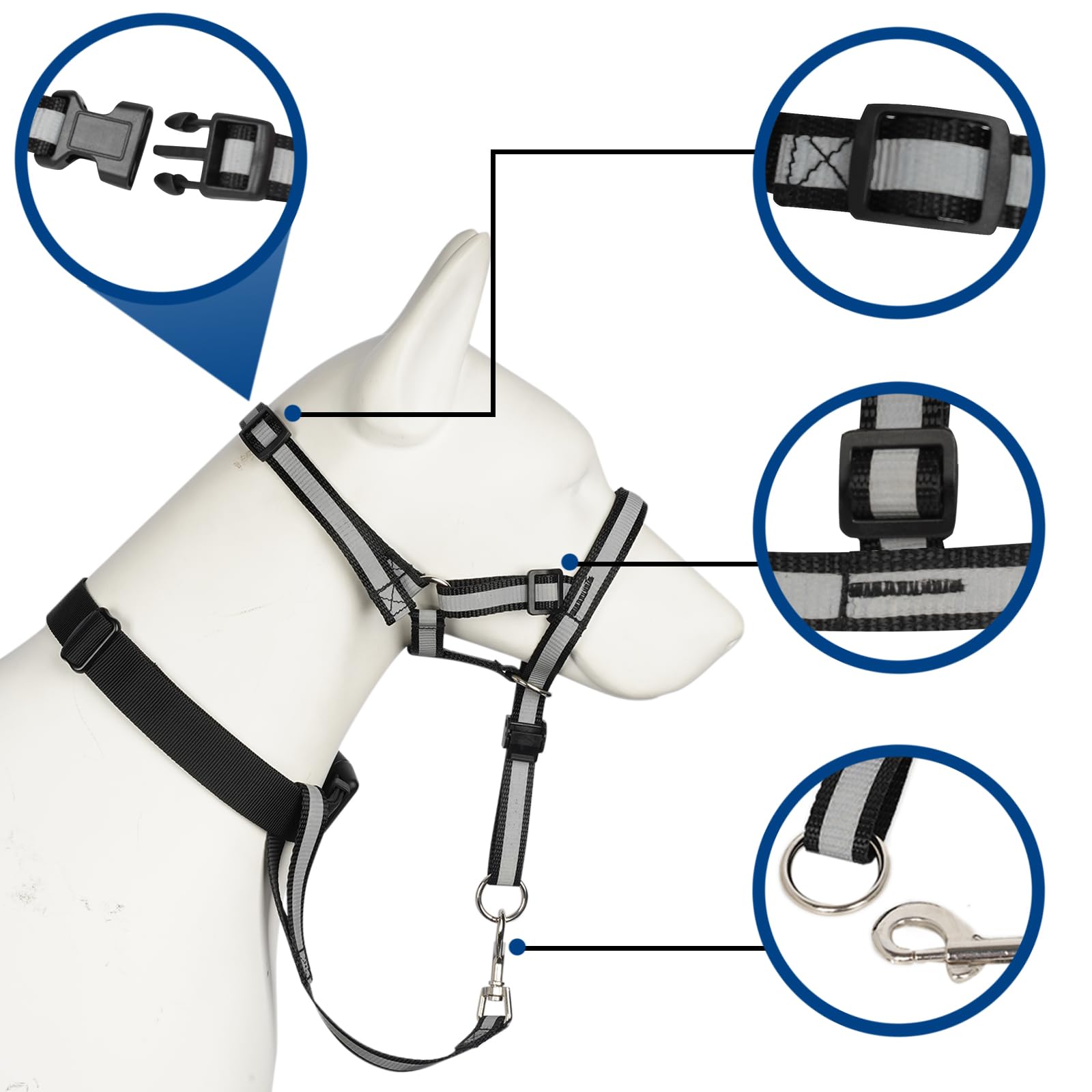 Barkless Reflective Head Collar, No Pull Collar For Small Medium Dogs, Anti-Pull Muzzle Leash For Puppy, Adjustable Soft Dog Hal
