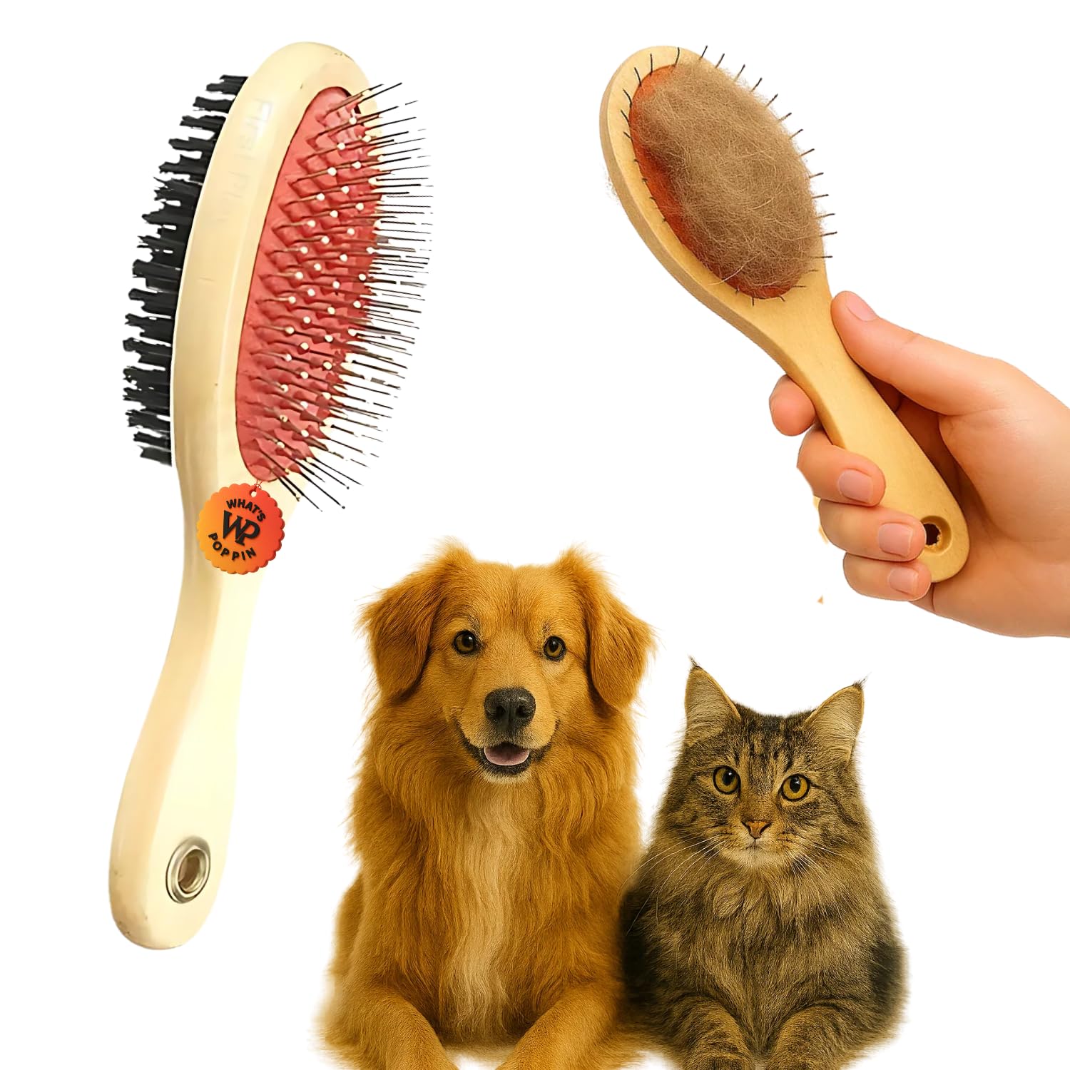 WhatS Poppin DoubleSided Pet Grooming Brush With Wooden Handle | Metal Pin & Soft Bristle Sides | For Dogs & Cats | Deshedding