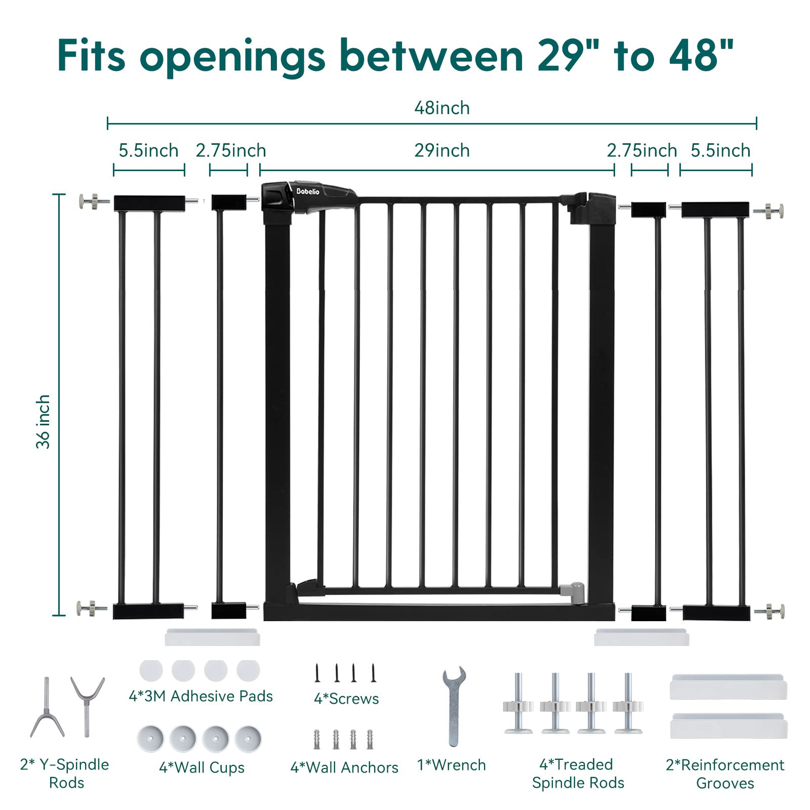 Babelio 36' Tall Baby Gate, 29-48' Auto-Close And Pressure Mounted Baby Gate For Stairs, Doorways, Hallway, Easy Walk Thru Pet Gate, Metal Child Gate With 2*Y Spindle Rods, Black