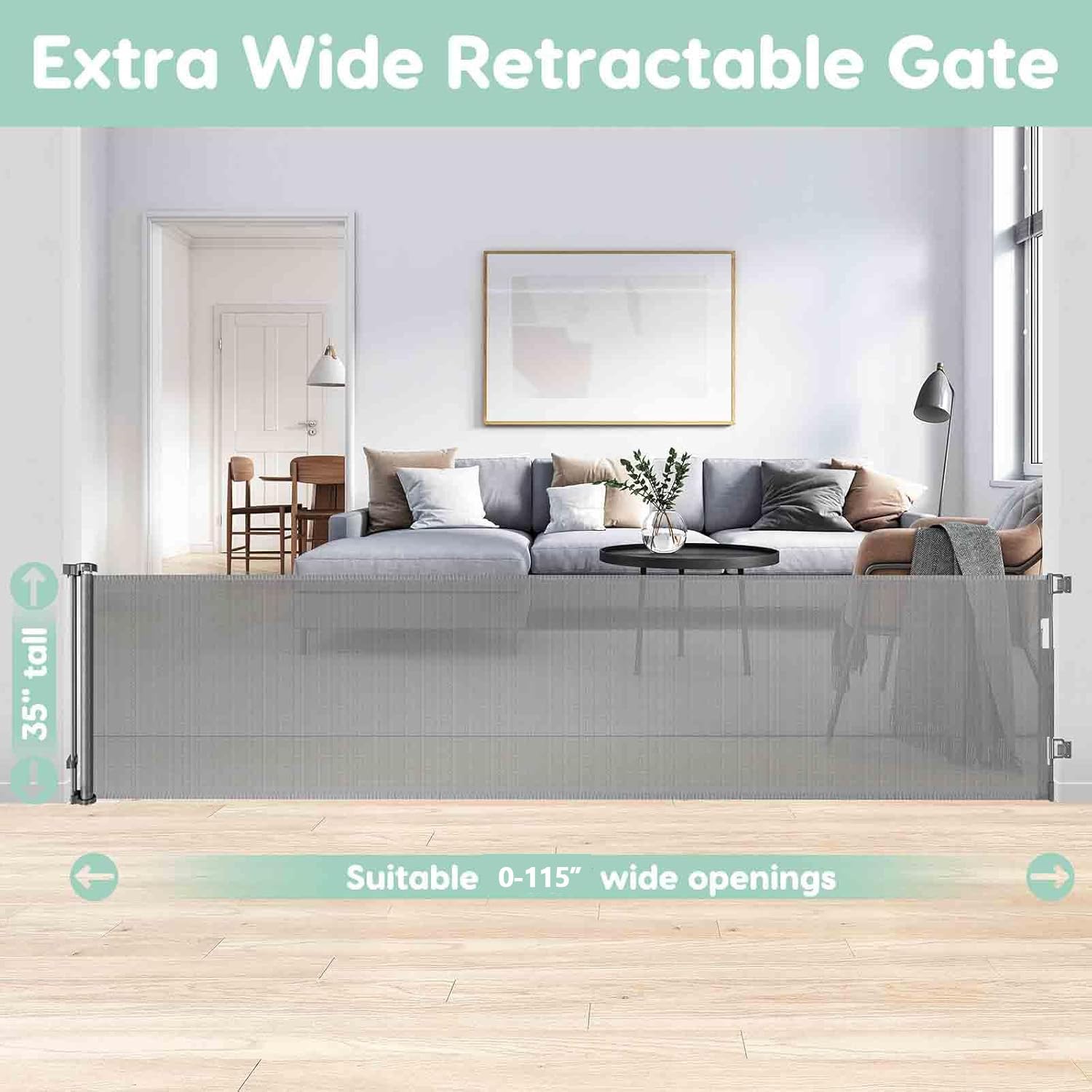 115 Inch Retractable Pet Gate for Dogs & Puppies - Extra Wide & Long Baby & Child Safety Gate