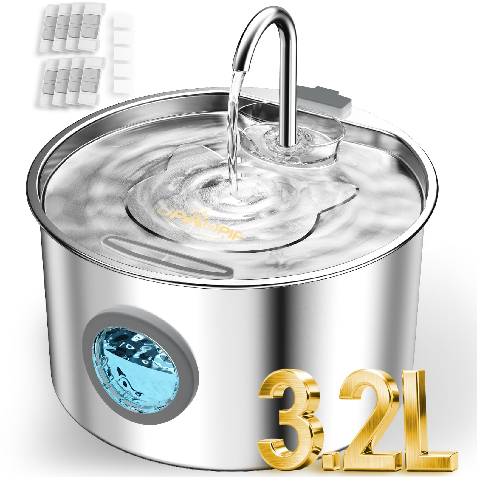 UPAWPIA 3.2L Cat Water Fountain Stainless Steel with 13 Filters Automatic Pet Water Fountain for Cats/Dogs Indoor Ultra Quiet Me