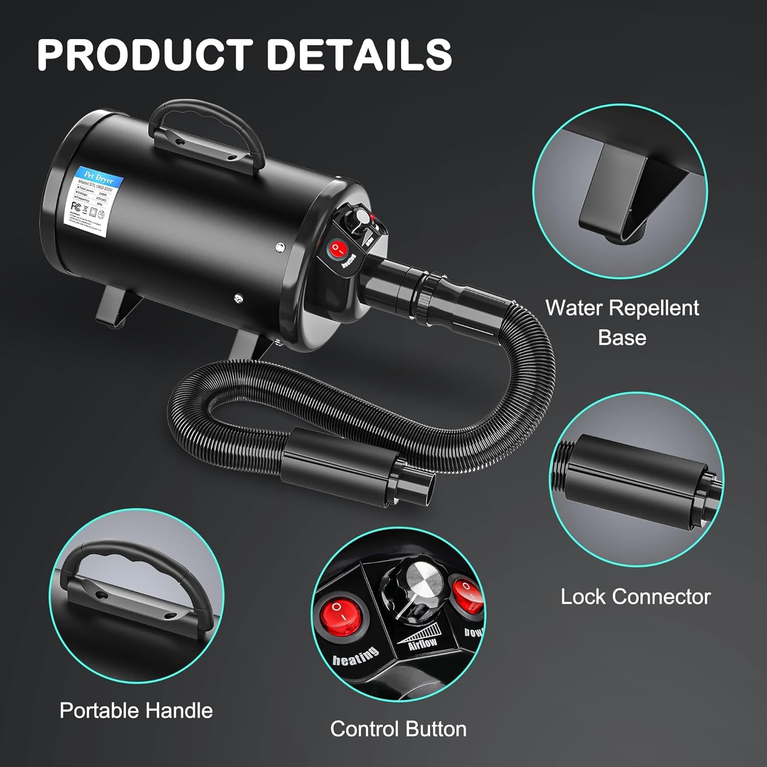 Nova Microdermabrasion Dog Dryer, High Velocity Pet Hair Force Dryer, Professional Pet Grooming Blower Dryer With 3 Nozzles Heater Air Speed For Grooming