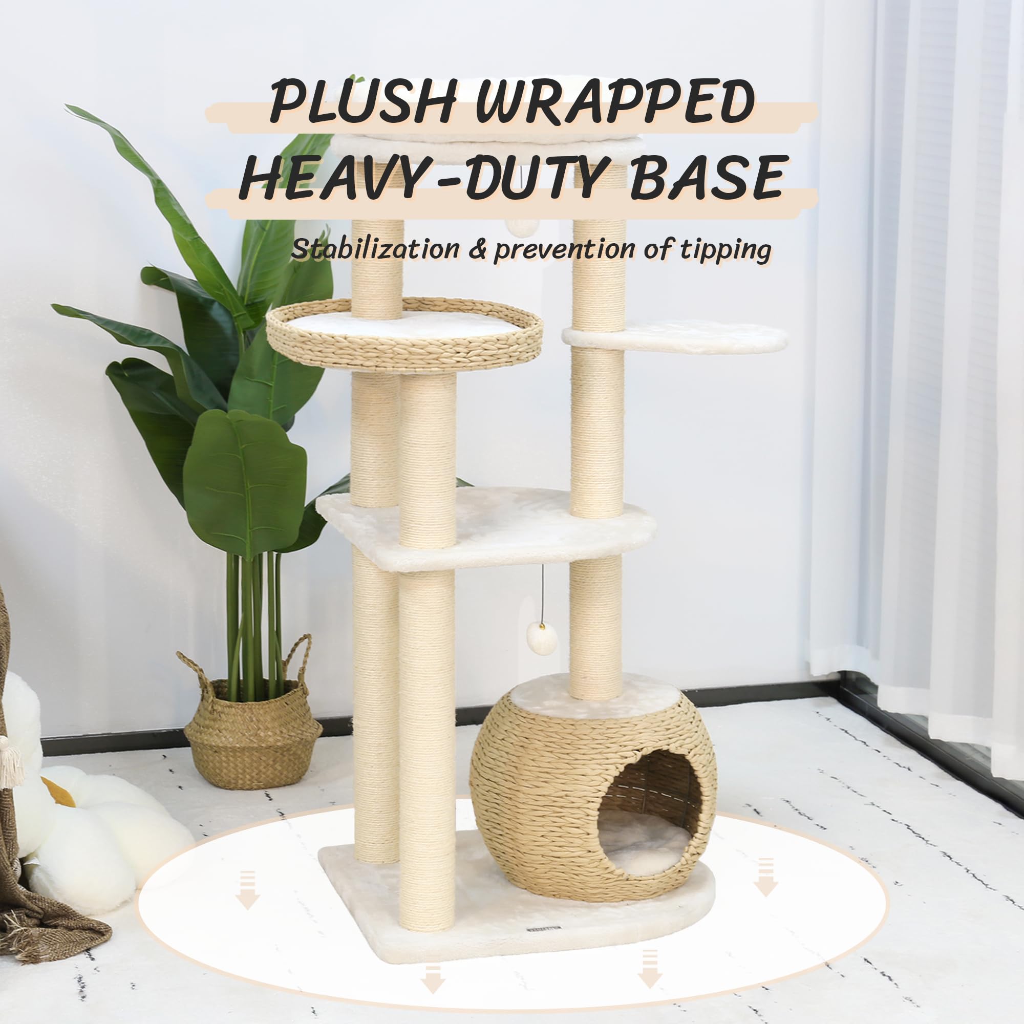 KAMABOKO 53" Modern Cat Tree with Natural Sisal Scratching Posts, Hand-Woven Condo & Top Perch for Indoor Cats - Model KM005