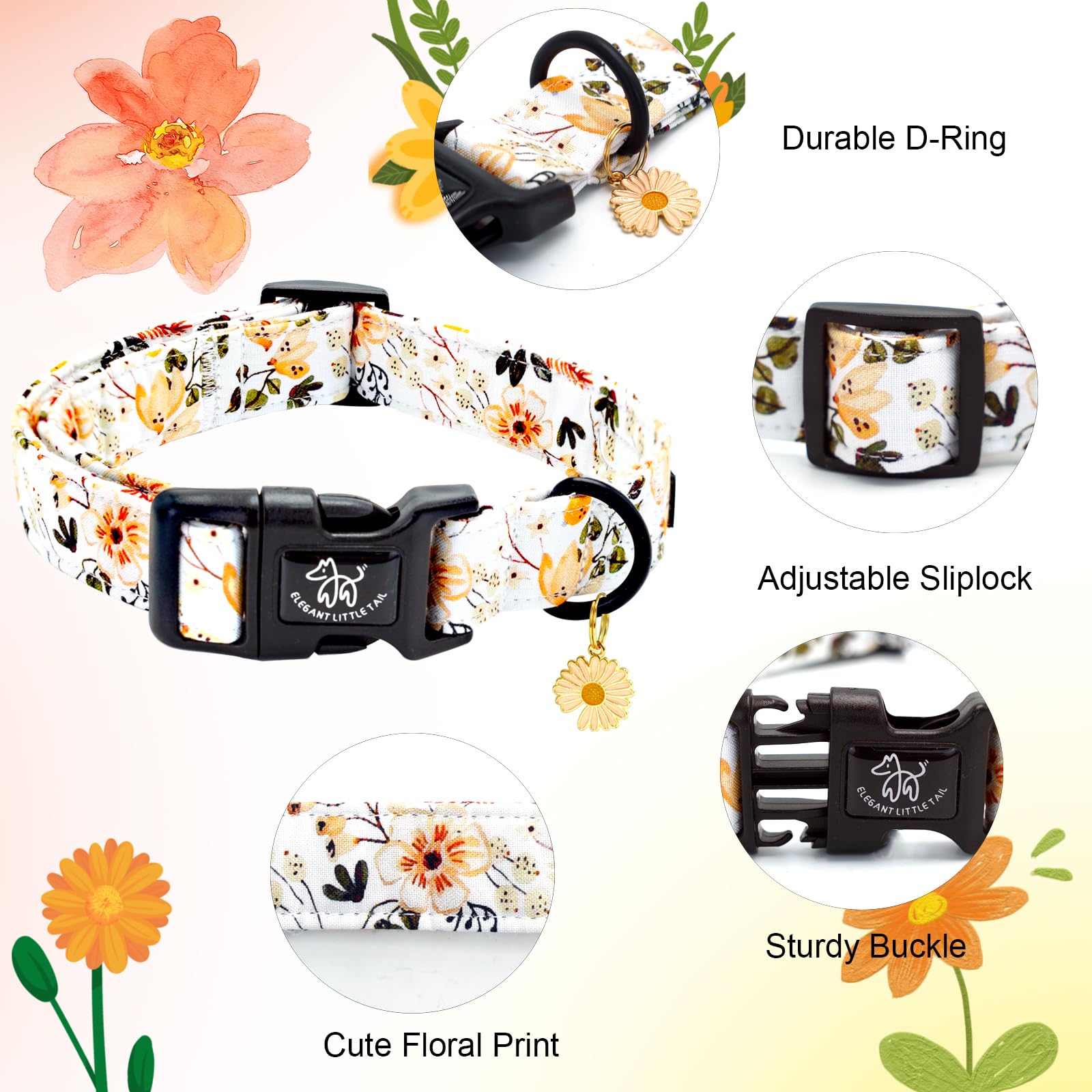Elegant Little Tail Dog Collar,Flower Pattern Pet Collar Cute Durable Spring Female Or Male Adjustable Cotton Pet Collar With Qu