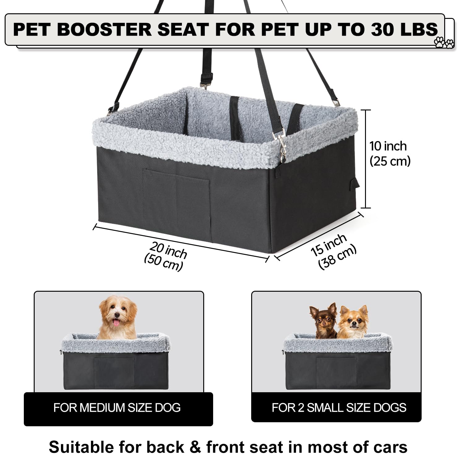 MARSLABO Dog Car Seat for Small Dogs, XL up to 30lbs, Black, Double-Layer Oxford Fabric, Metal Frame Construction