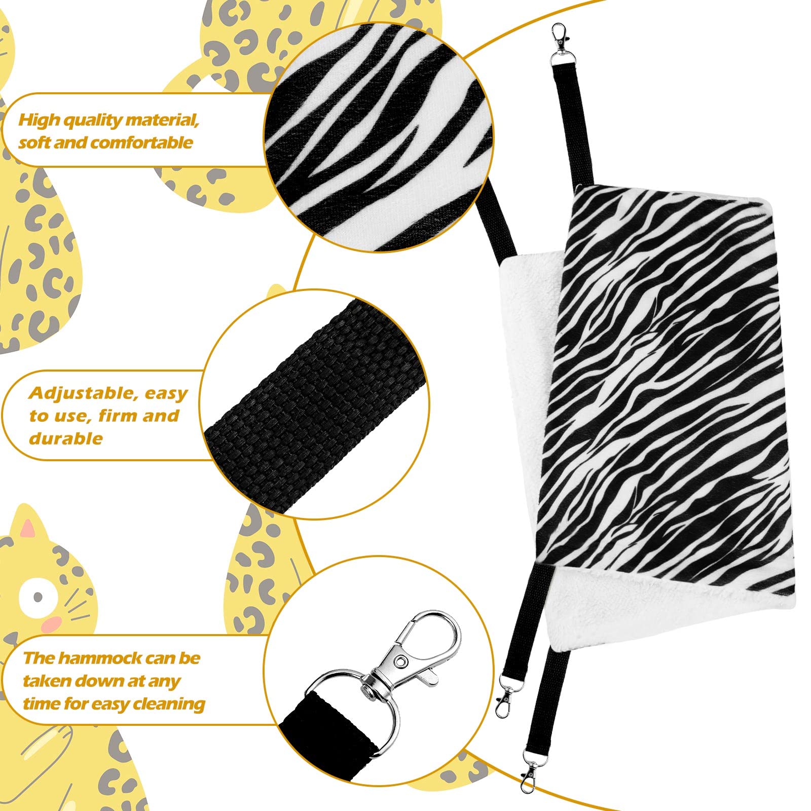 2 Pieces Reversible Cat Hanging Hammock Soft Breathable Pet Cage Hammock With Adjustable Straps And Metal Hooks Double-Sided Hanging Bed For Cats Small Dogs Rabbits (Zebra, Tiger Stripes, M)