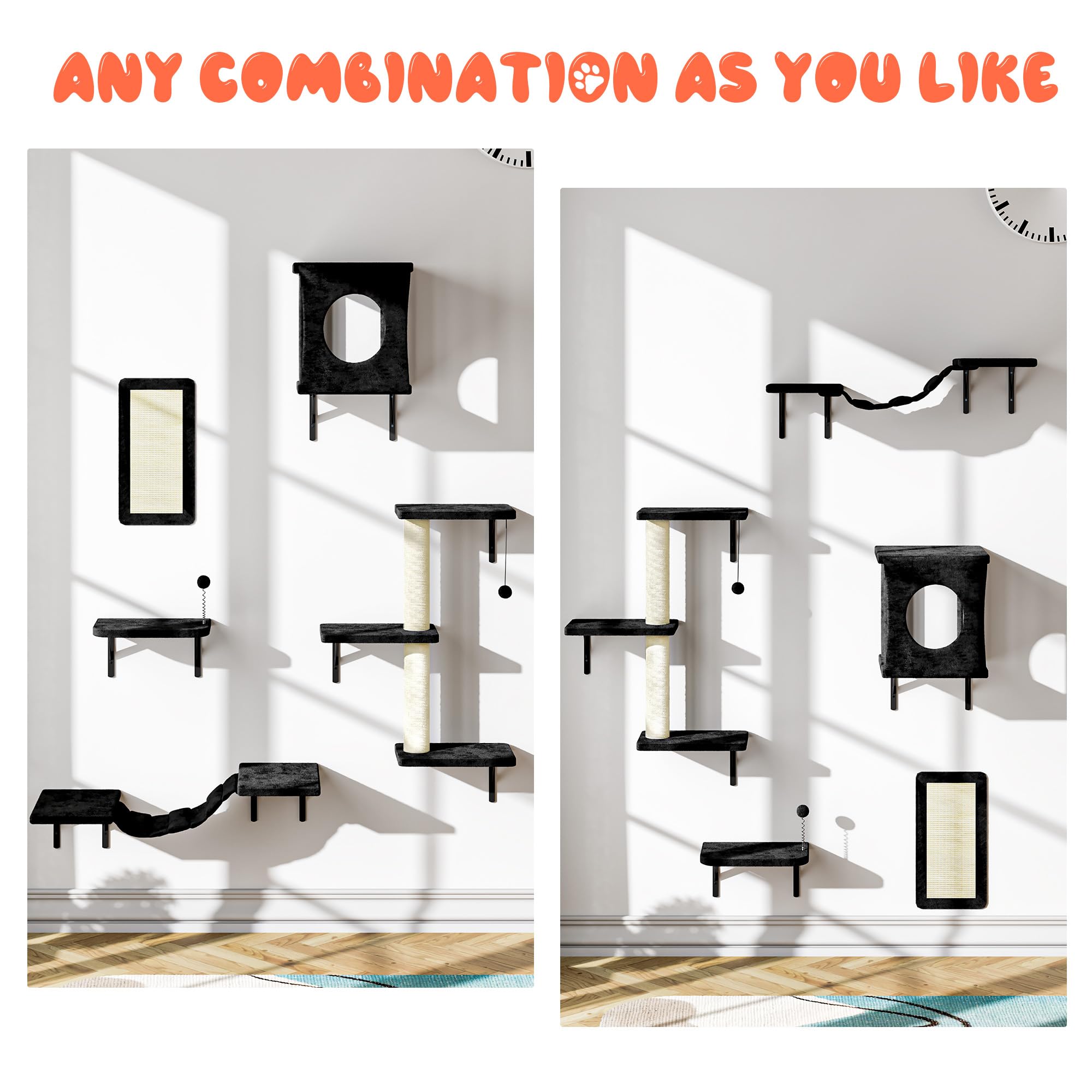 Nunu Lab Cat Wall Shelves Set, 5 Pcs Wall-Mounted Cat Climber With Cat House, Bridge, Scratching Post, Hammock, Wall Shelves, Bl