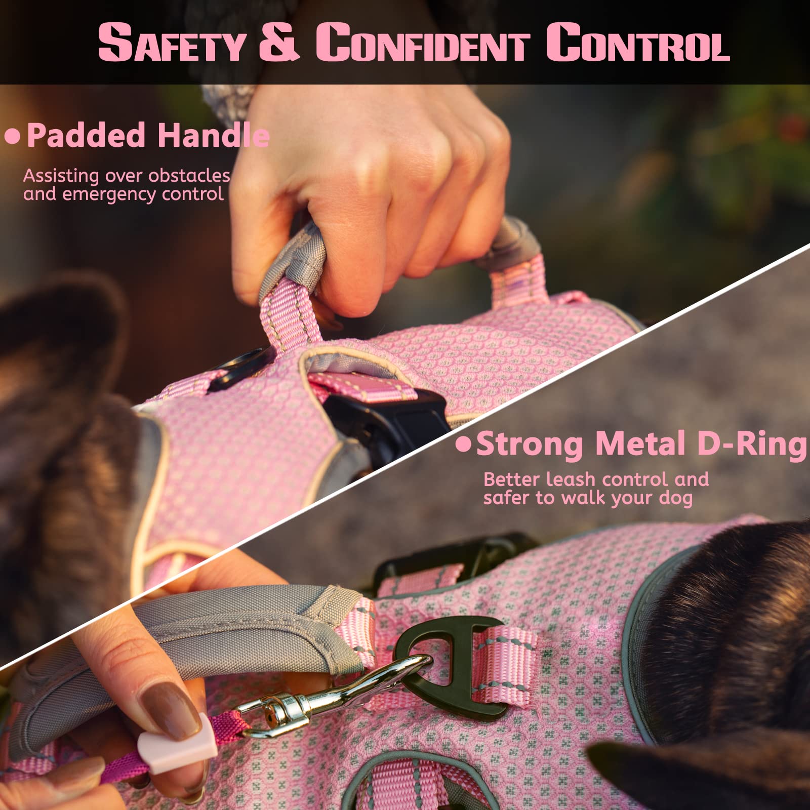 No Escape Dog Harness, Escape Proof Harness, Fully Reflective Harness With Padded Handle, Breathable,Durable, Adjustable Vest For Medium Dogs Walking, Training, And Running Gear Pink (Medium)