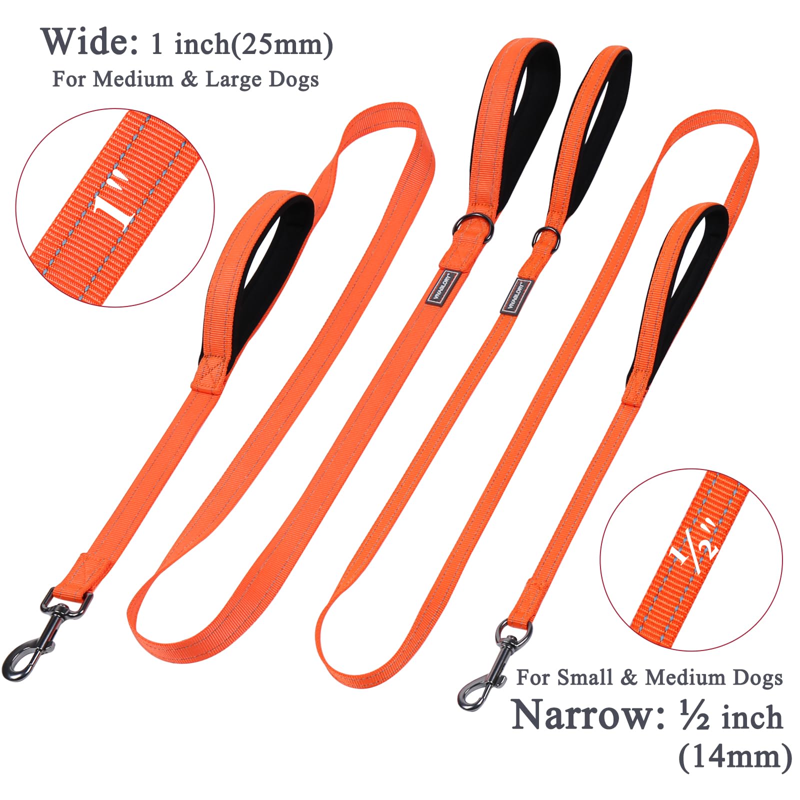 Vivaglory Dog Leash With Two Padded Handles, Heavy Duty 6Ft Reflective Nylon Traffic Leash Training Walking Lead With For Mediun Large Breed Dogs, Orange