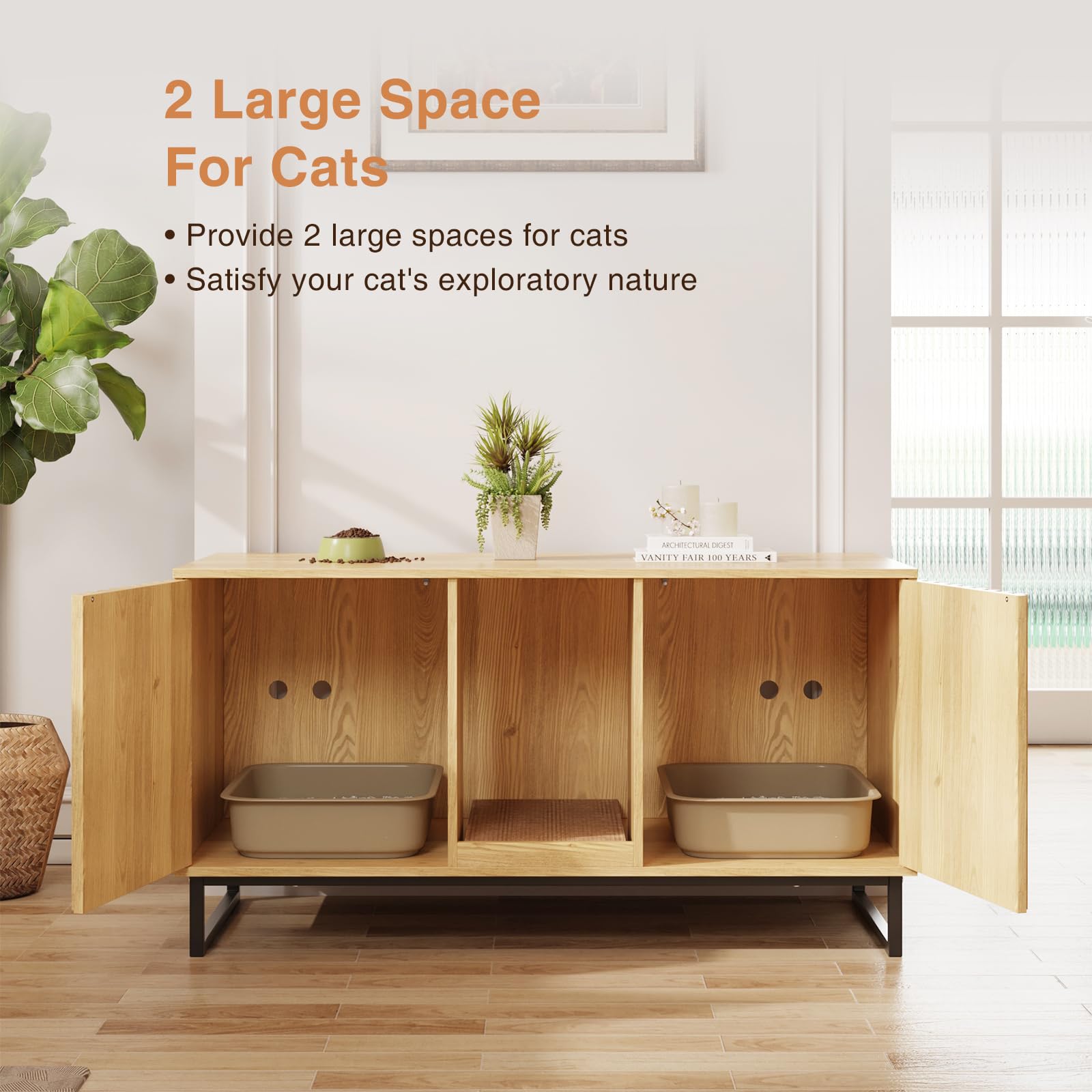 Cat Litter Box Enclosure For 2 Cats, 47.6 Litter Box Furniture Hidden With Cat Scratch Pad, Double Room Large Cat Cabinet, Indoo