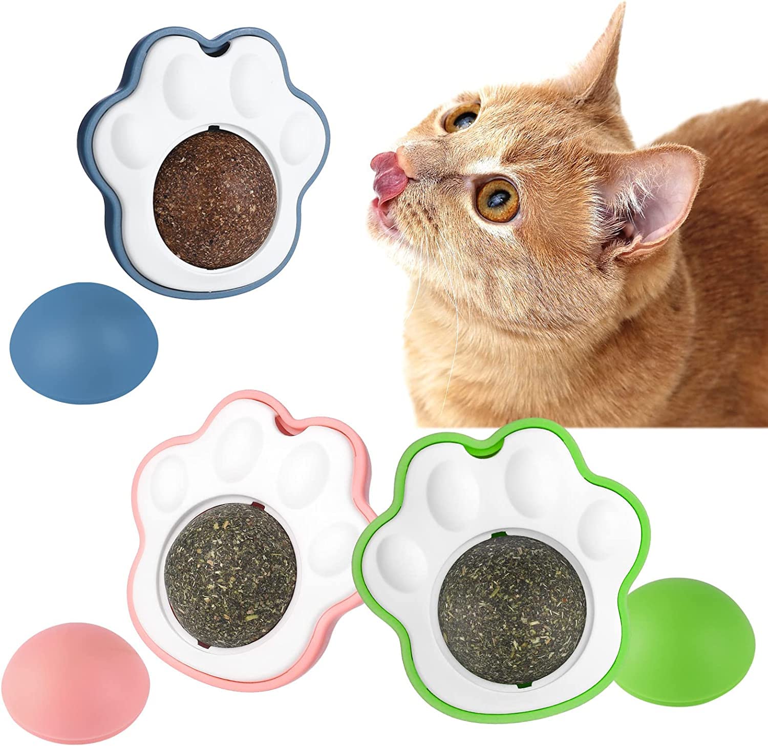 Pawlites Catnip Wall Toy, Rotatable Catnip Lick Able Balls, Safe Healthy Kitten Chew Toys, Teeth Cleaning Cat Bite Toy, Cat Wall