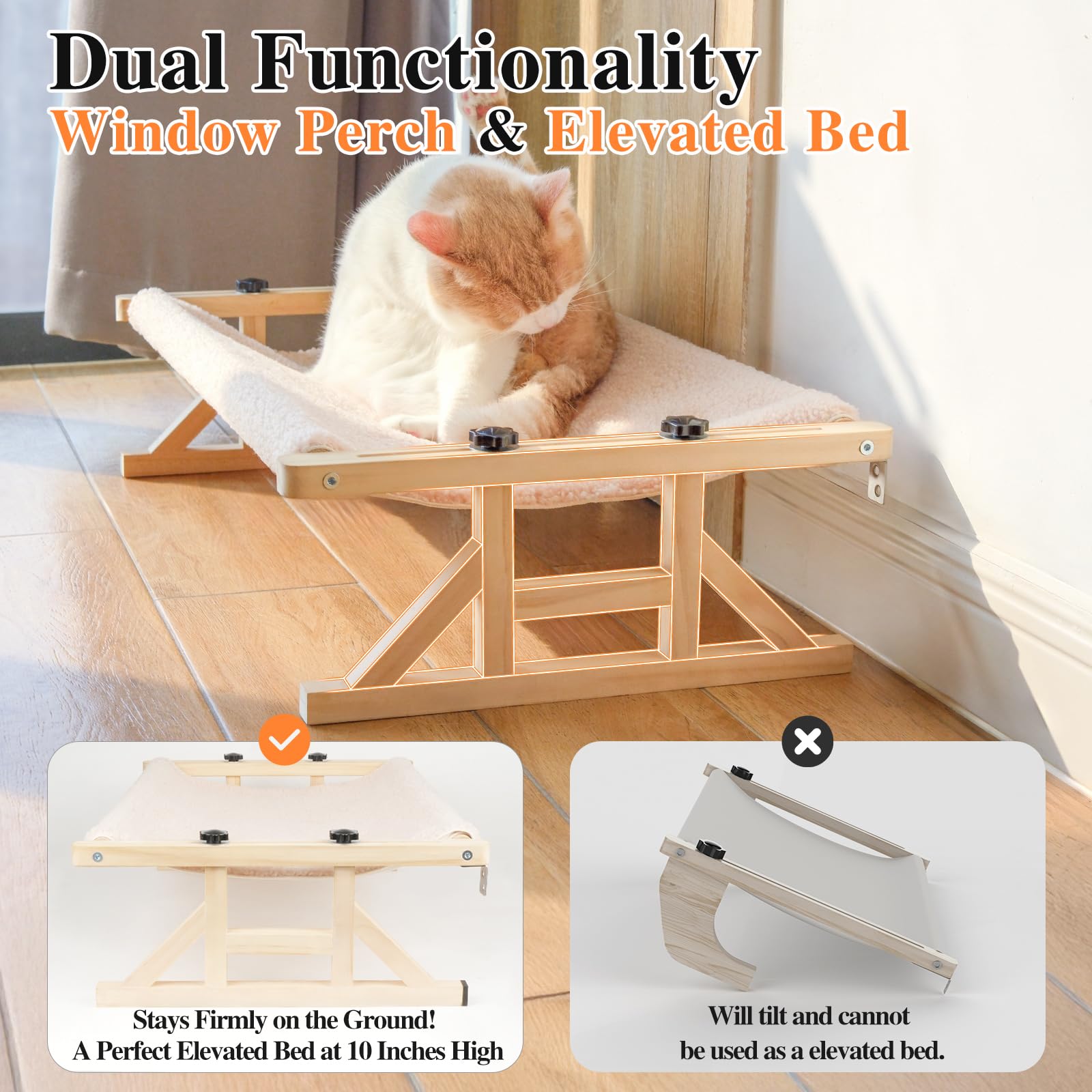 Tresbro 2-In-1 Cat Window Perch & Elevated Cat Hammock, 15.7''W * 10.2''H * 26''L Wooden Frame Pet Bed For Large Indoor Cats, Ea