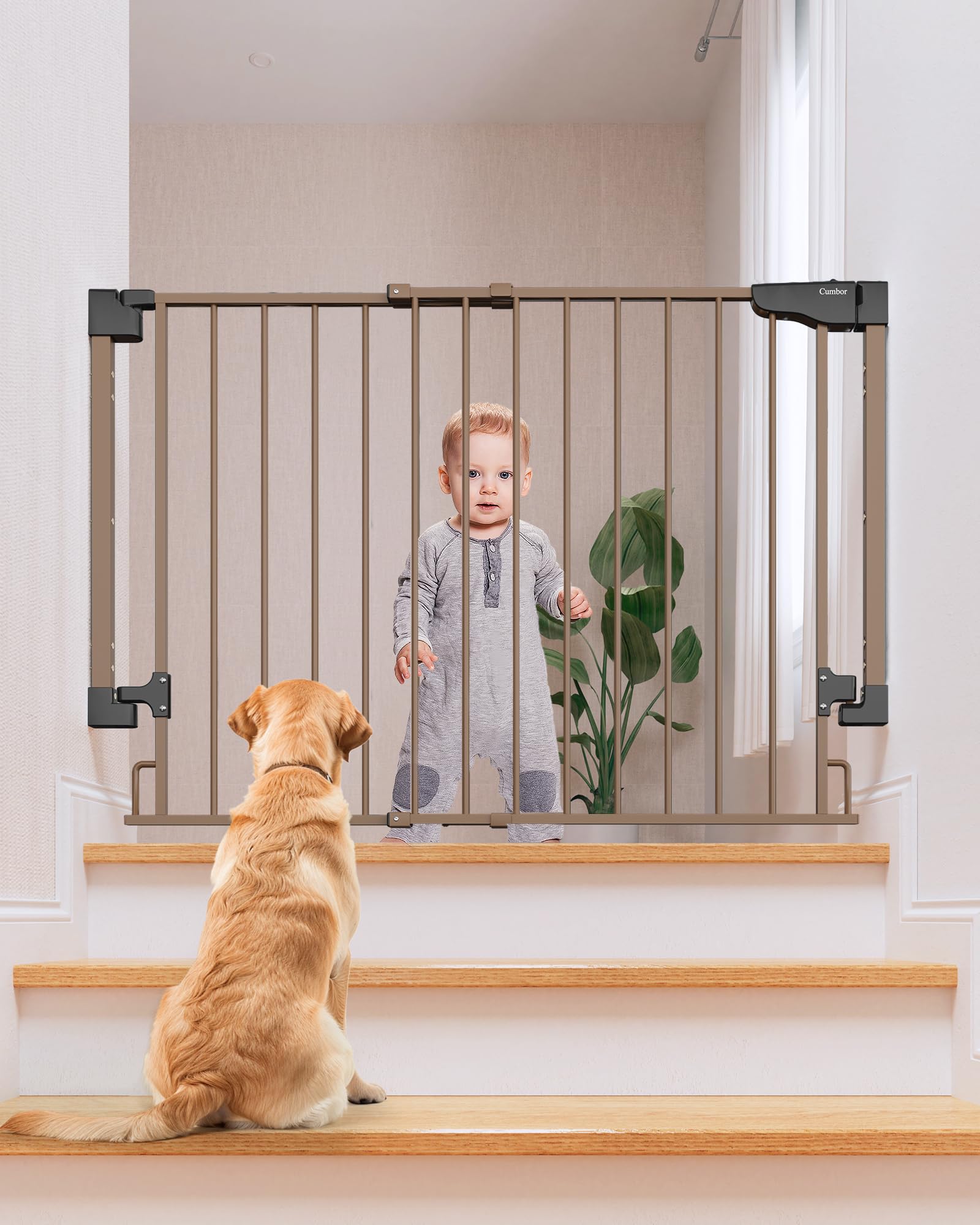 Cumbor 29.2-43 Baby Gate for Stairs, Hardware Mounted (Drill Required), Expandable No Bottom Bar Dog Gate, Auto Close Extra Wide