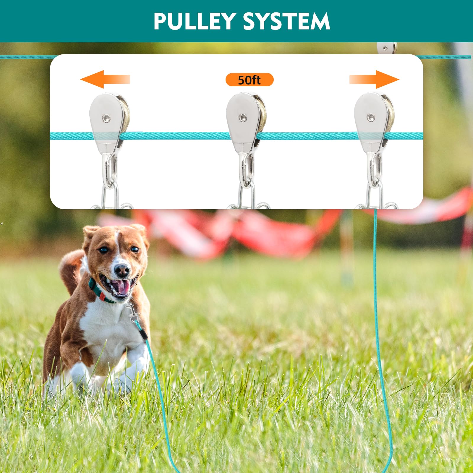LUFFWELL Dog Runner with 10FT Tie Out Cable - Heavy Duty Trolley for Large Dogs up to 250LBS, Ice Blue, 50FT Length