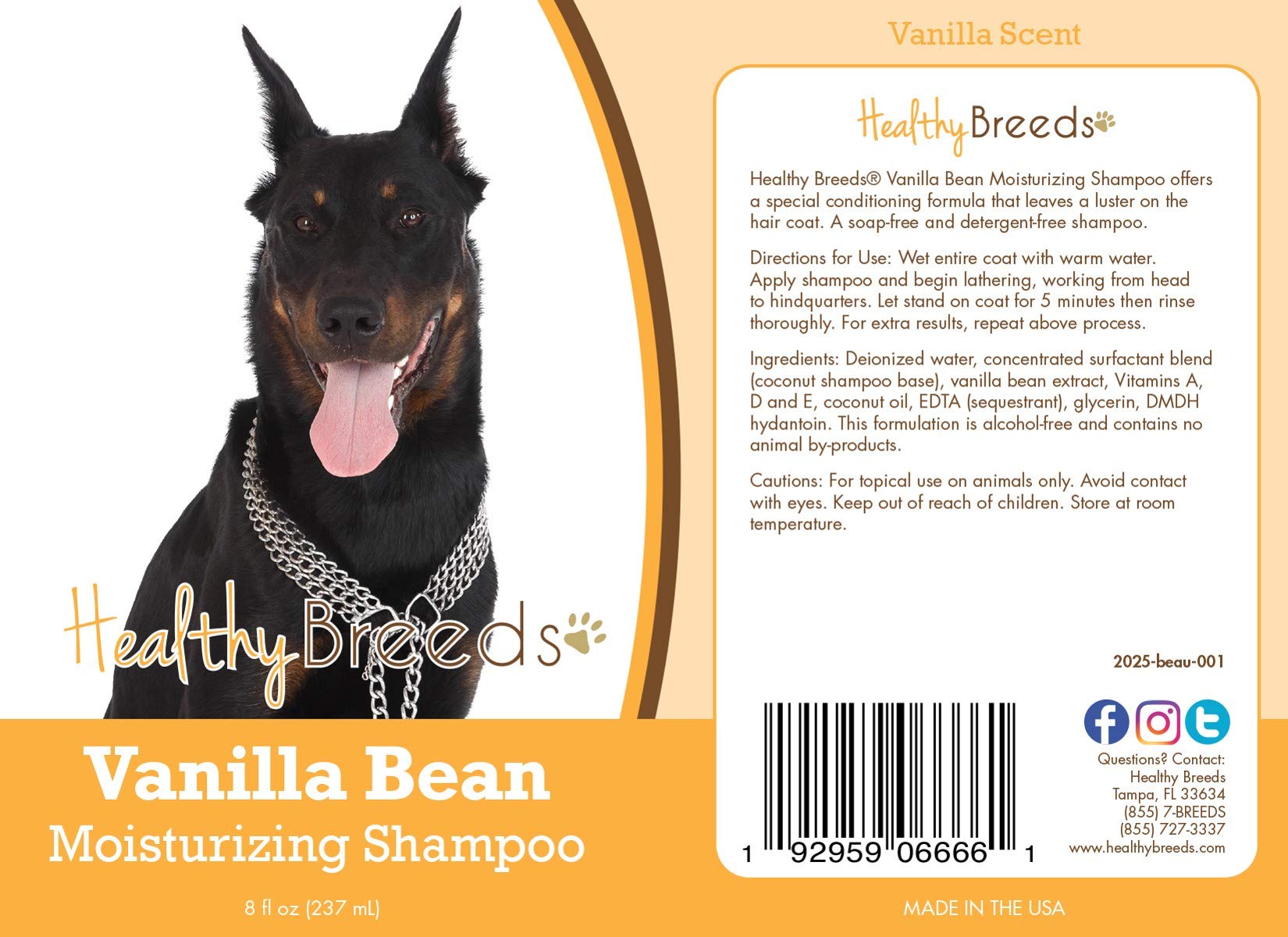 Healthy Breeds Beauceron Vanilla Bean Moisturizing Shampoo + Conditioner - With Vitamins A, D, E + Coconut Oil - 8 Oz