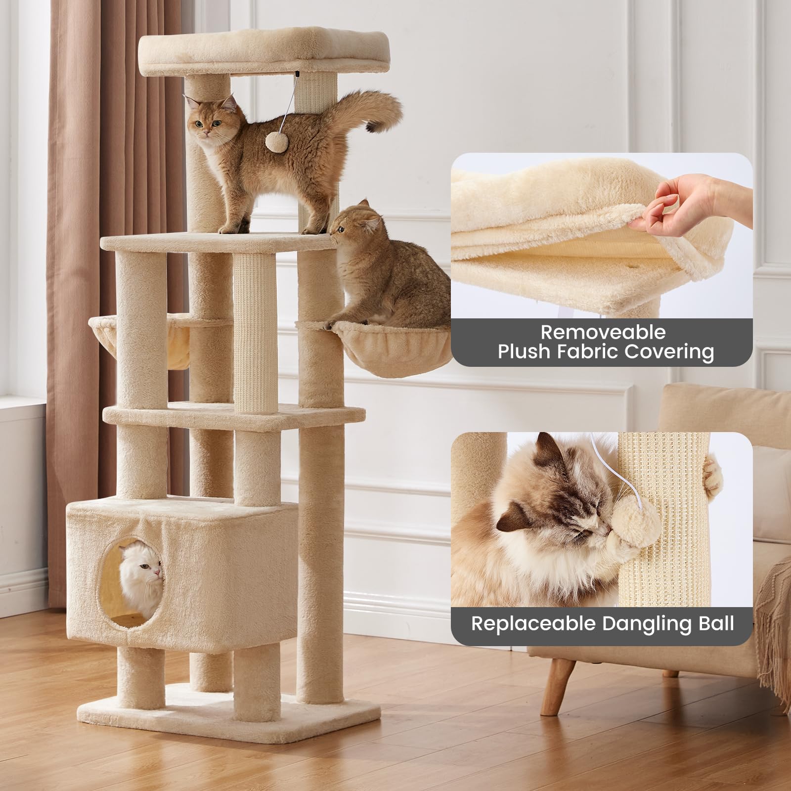 Gardner Pet 65in Heavy Duty Cat Tree Tower, Multi-Level Cat Furniture, Replaceable Sisal Post, Beige, Model GP01E0725YL