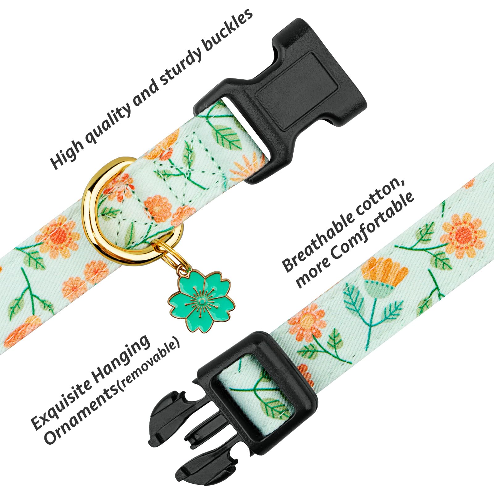 Cotton Handmade Dog Collar Cute And Distinctive Patterns Green Sunflower With Pendant For Girl Boy Dogs Collars M