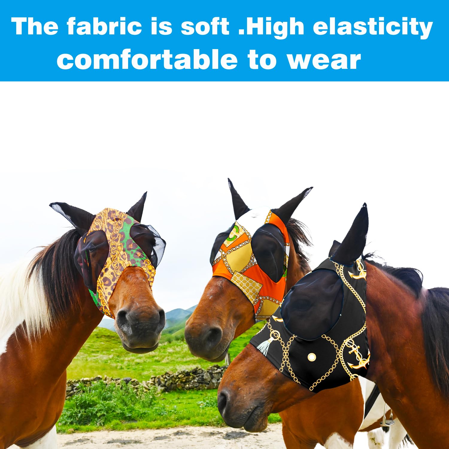 Super Comfort Fly Marsks for Horses of 3pcs Set-Horse FlyMask with Ears- Elasticity Fly Mask with UV Protection(Size:L