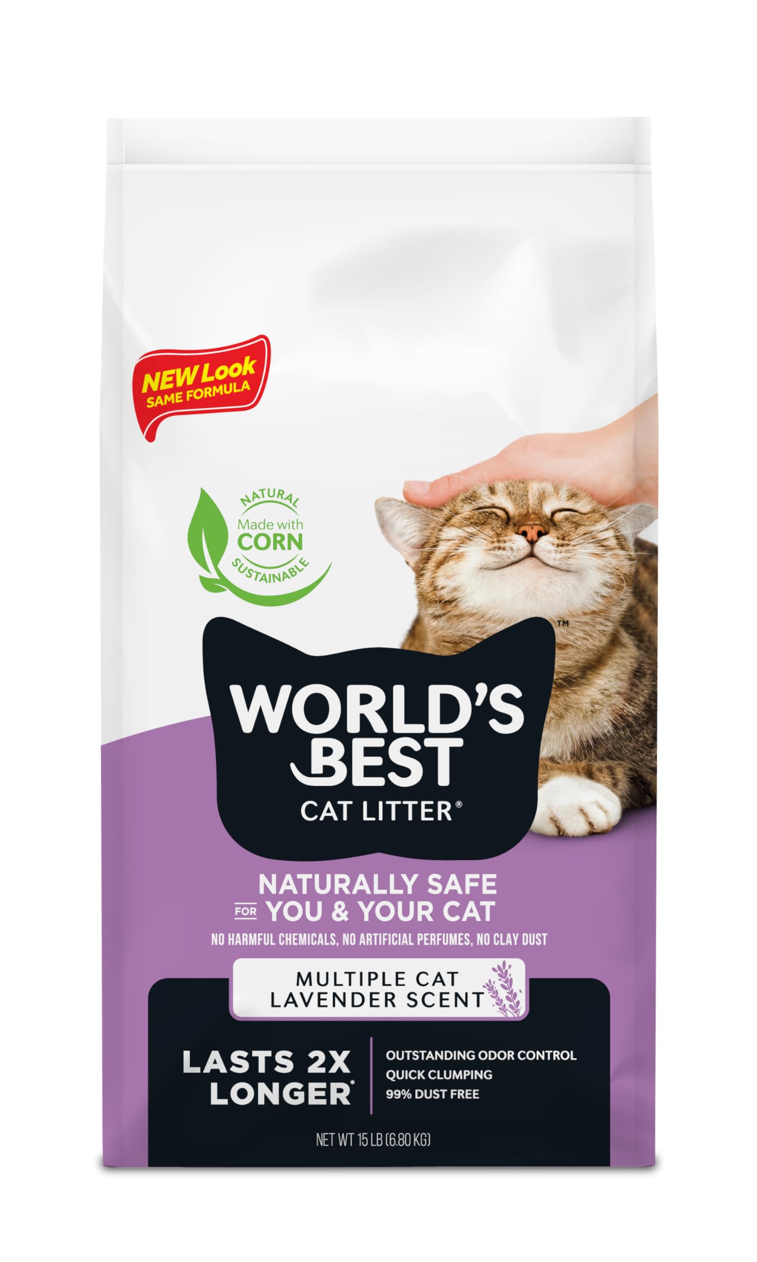 World'S Best Cat Litter Multiple Cat Lavender Scented 15-Pounds - Natural Ingredients, Quick Clumping, Flushable, 99% Dust Free & Made In Usa - Calming Fragrance & Long-Lasting Odor Control