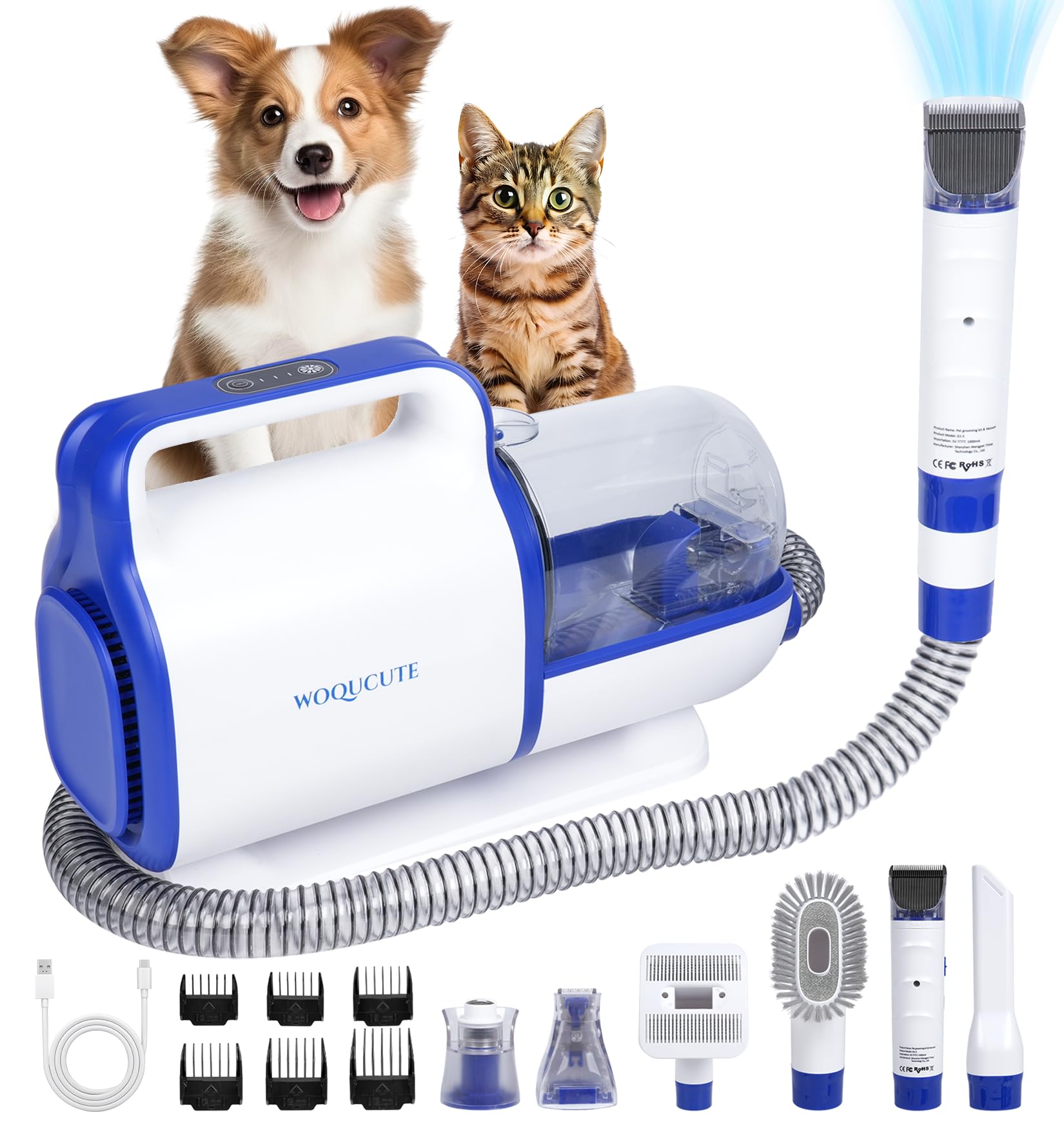 Woqucute Cordless Dog Grooming Vacuum Kit, 11000Pa Dog Vacuum For Shedding Grooming With Clipper, Trimmer, Nail Grinder, Low Noi
