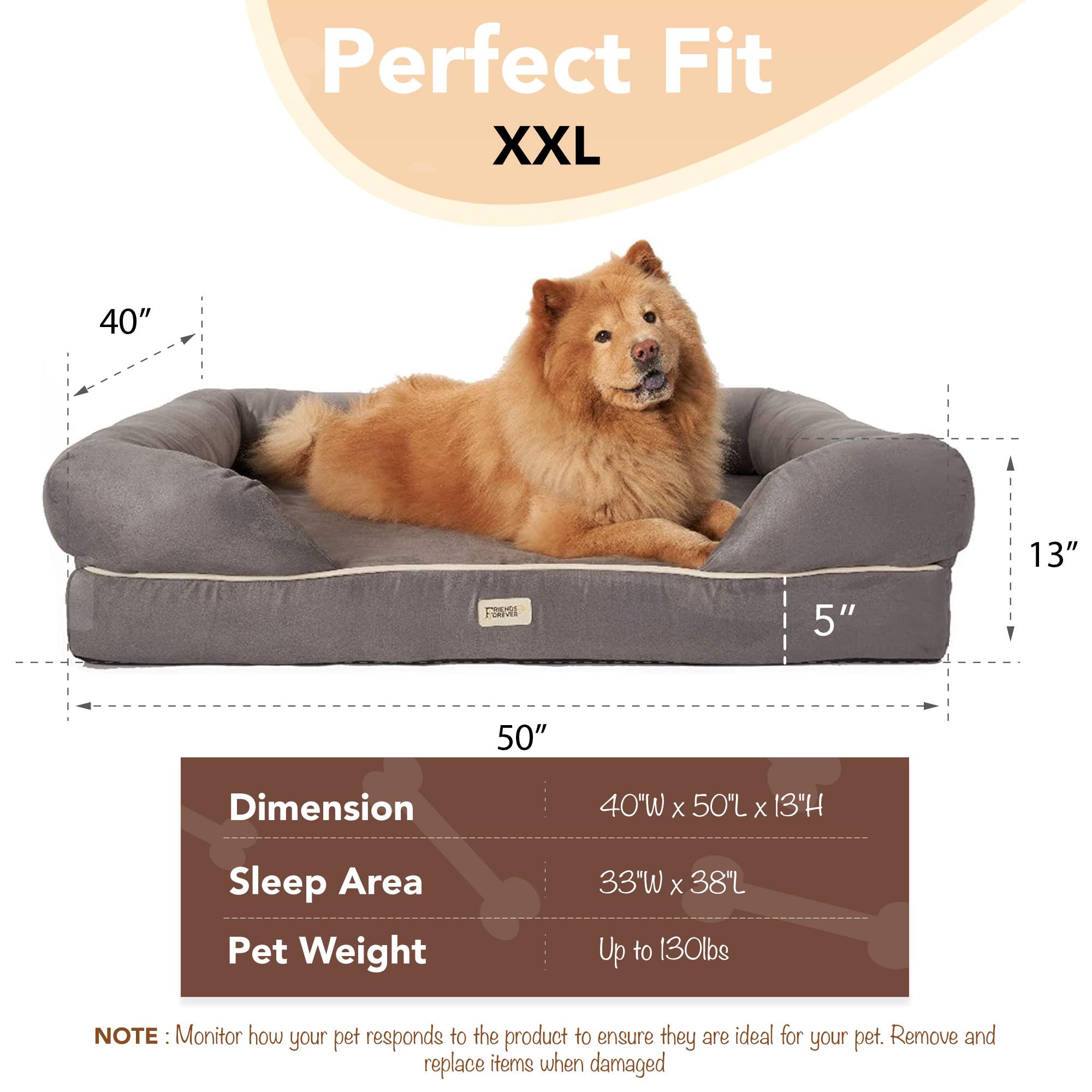 Friends Forever XX-Large Dog Bed, Orthopedic Dog Sofa Memory Foam Mattress, Calming Dog Couch Bed, Wall Rim Pillow, Water Resist