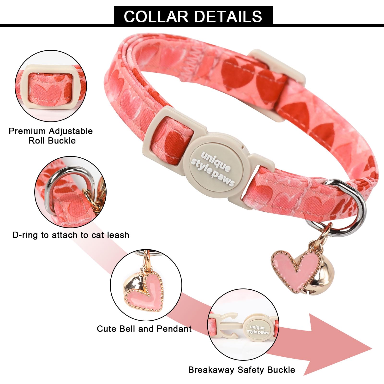 Unique Style Paws 2 Pack Valentine'S Kitten Collar Breakaway With Bell&Pendant, Adjustable Safety Red Lip Rainbow Cat Cotton Col